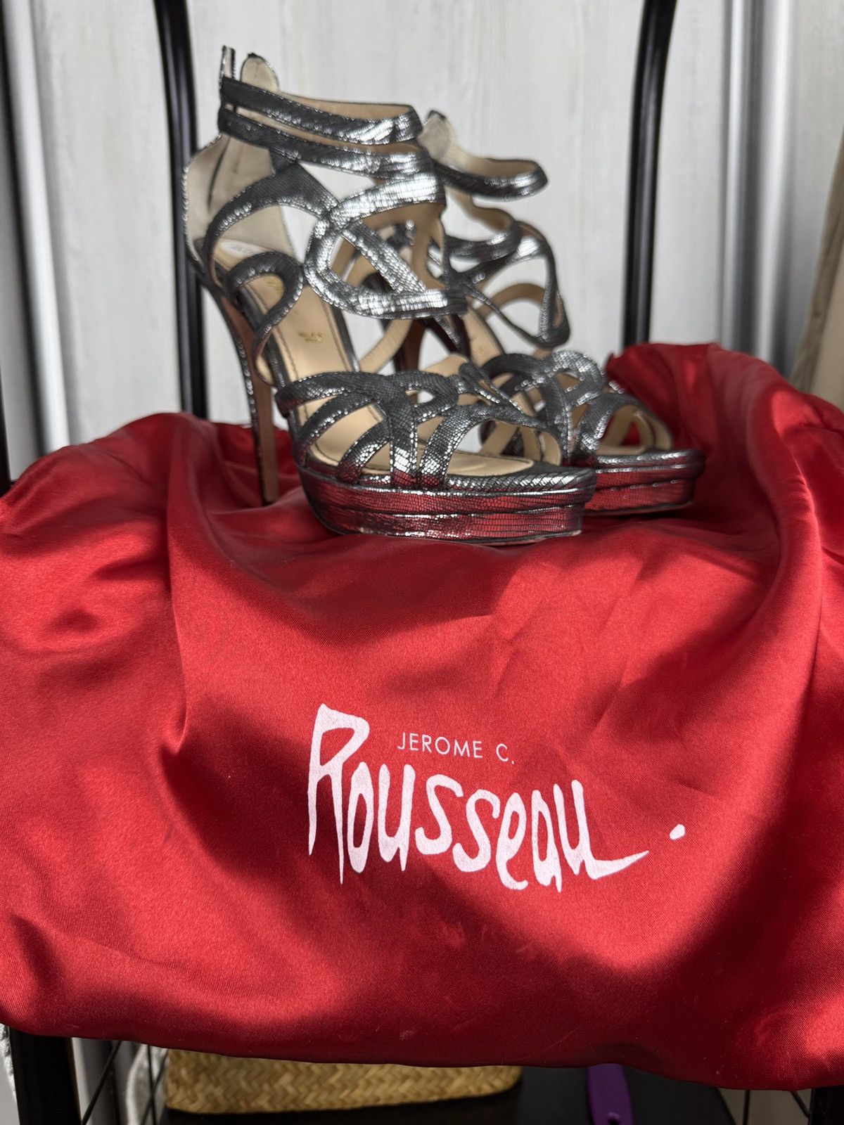 Designer Jerome C. Rousseau silver leather gladiator sandals heels Size US 10 / IT 40 - 8 Thumbnail