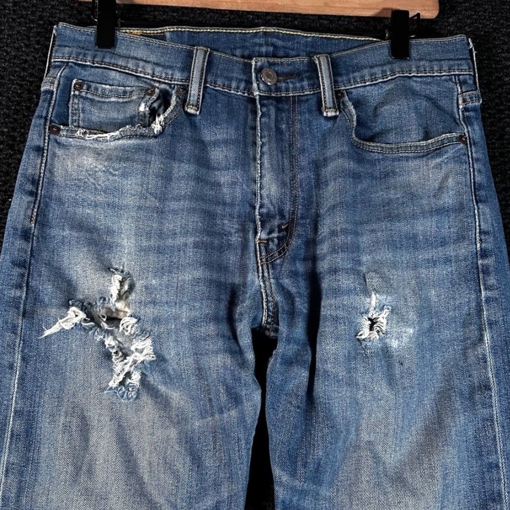 Levi's VINTAGE Levi's 513 Jeans Blue Distressed Slim Straight Fit W31 X L30 Mens Jeans Straight Blue Distressed Vintage 90s Mens Jeans Size US 31 - 2 Thumbnail