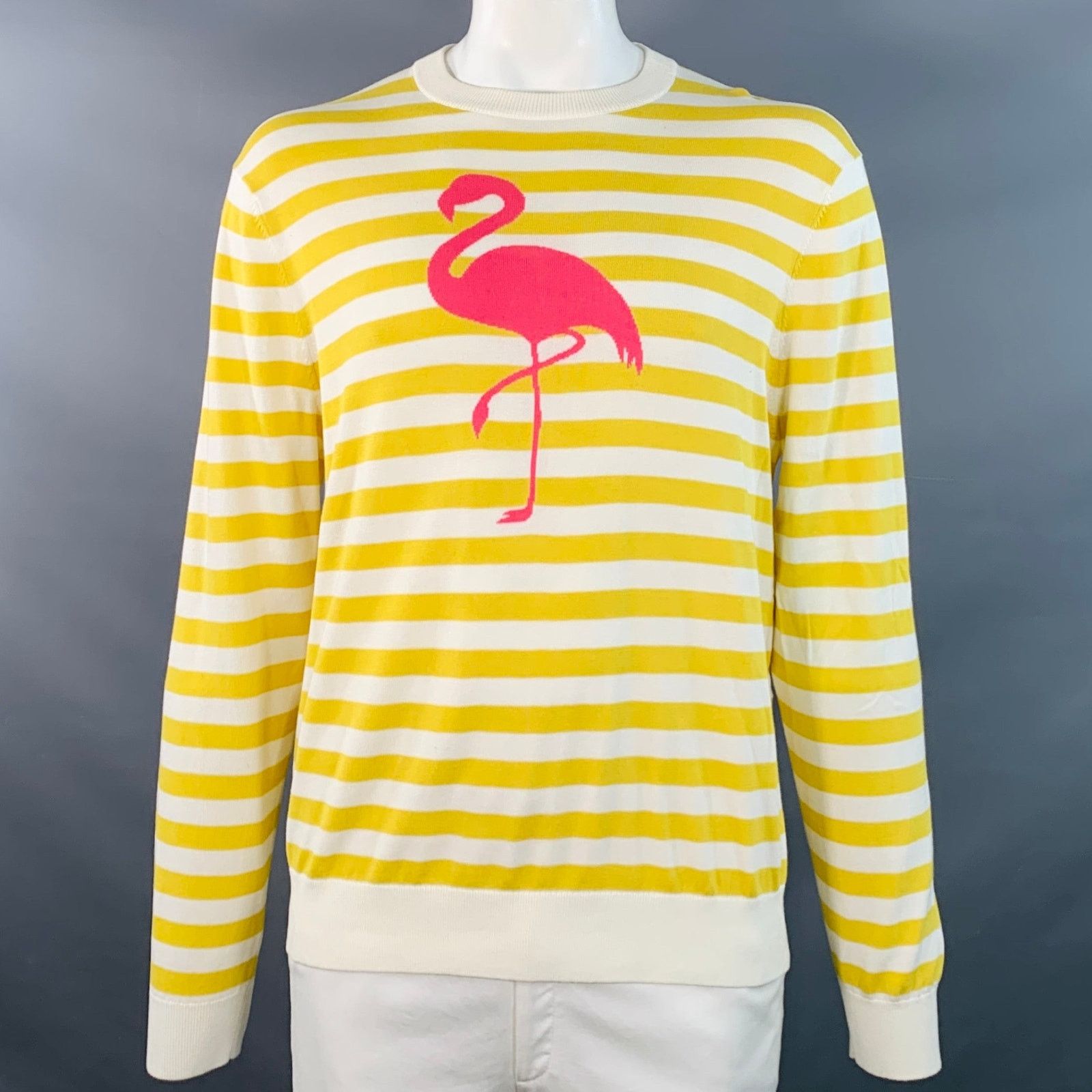 Mr Turk Yellow White Pink Flamingo Stripe Cotton Crew Neck Pullover Size US L / EU 52-54 / 3 - 1 Thumbnail