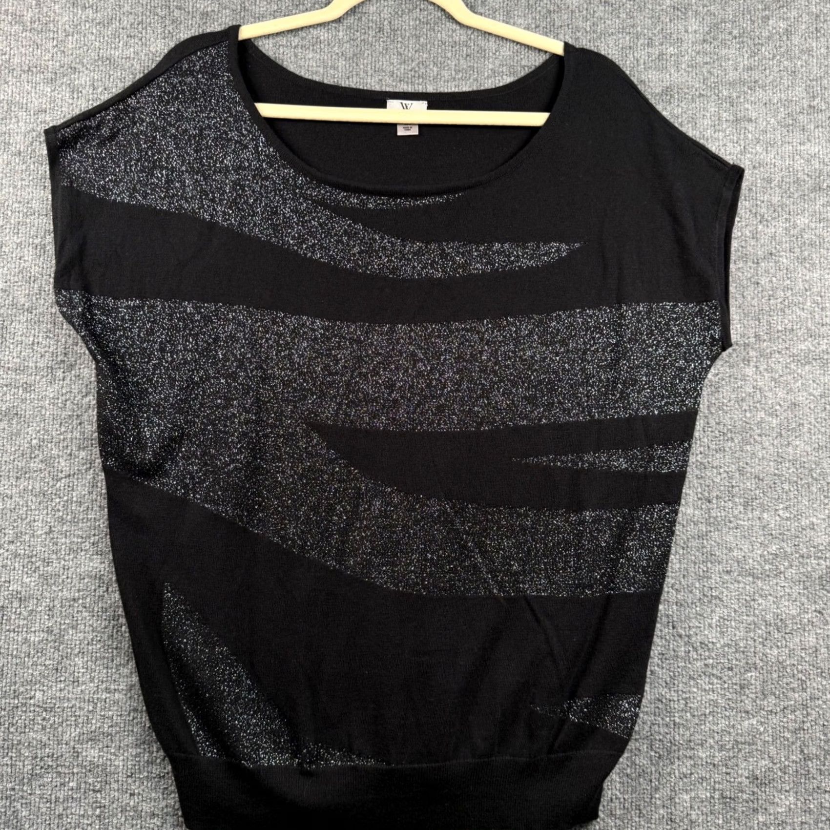Worthington Worthington Women XL Short Sleeve Black Silver Zebra Top Metallic Shimmer Wave Sweater Knit Y2K Vintage: No Size XL / US 12-14 / IT 48-50 - 2 Thumbnail