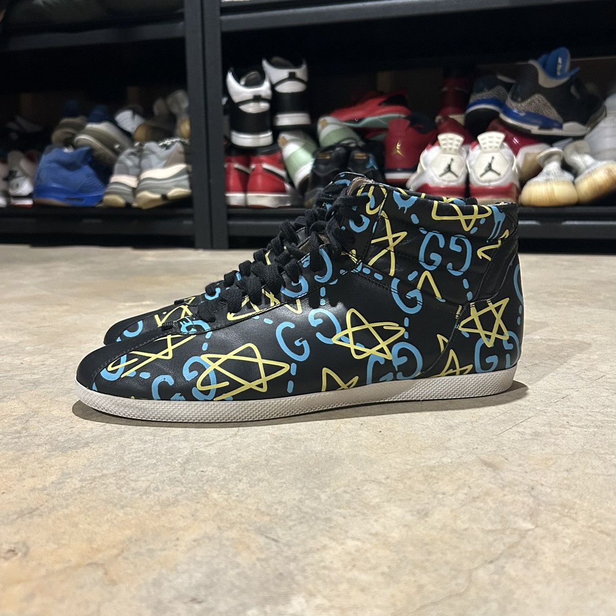 Gucci Ace High Top Graffiti Ghost Stars Leather Shoes US 11