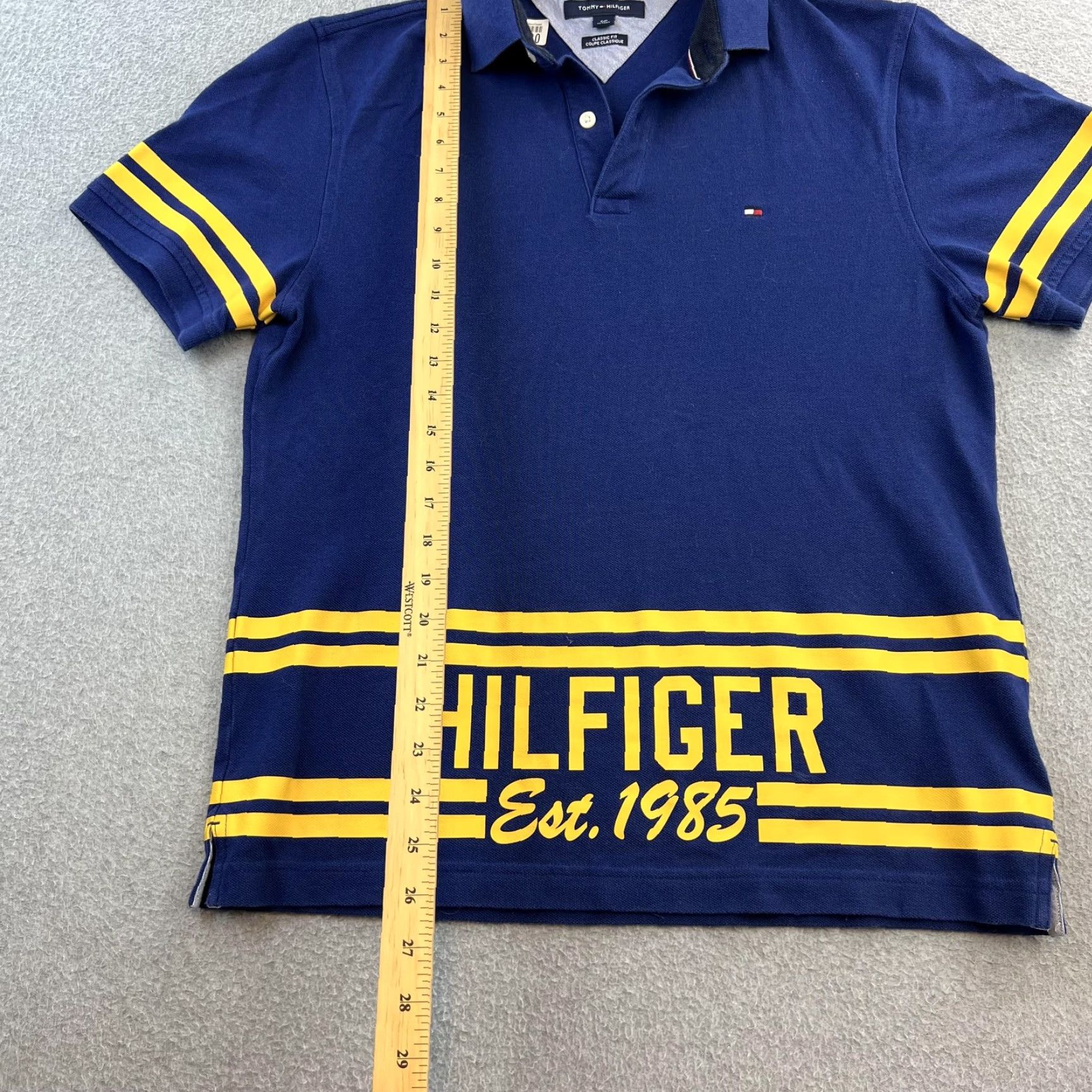 Tommy Hilfiger Tommy Hilfiger Polo Shirt Mens Small Navy Blue Striped Classic Fit Spellout Shirt Size US S / EU 44-46 / 1 - 3 Thumbnail