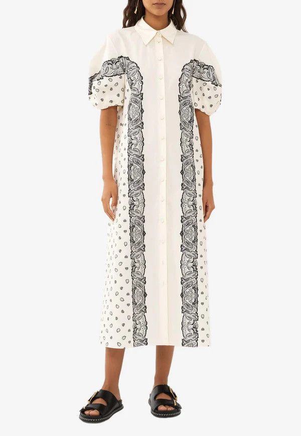 Chloe o1loc1c0625 Bandana Printed Midi Shirt Dress in White/Black Size M / US 6-8 / IT 42-44 - 2 Thumbnail