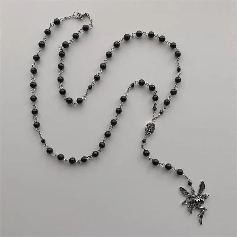 Beads x Jewelry Charm Fairy Rosary Style Necklace in Black, Men's