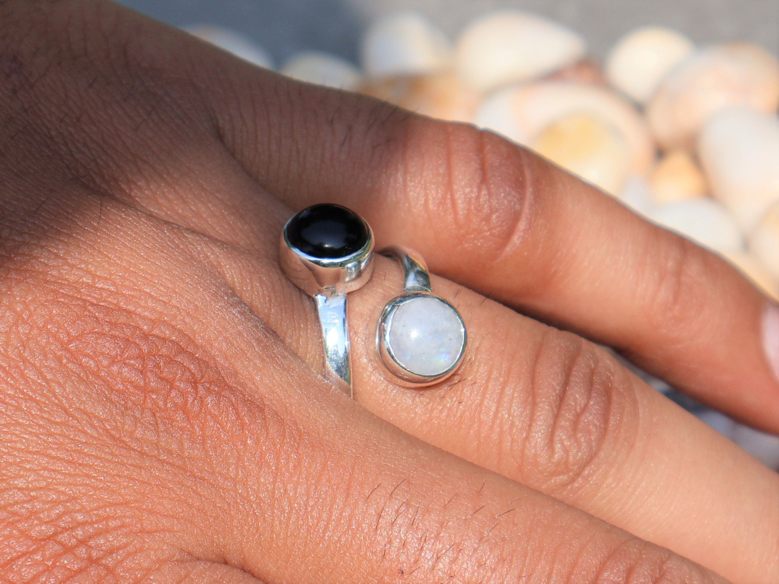 Handmade Rainbow Moonstone Ring, Black Onyx Ring, Handmade Women Ring Size ONE SIZE - 7 Thumbnail