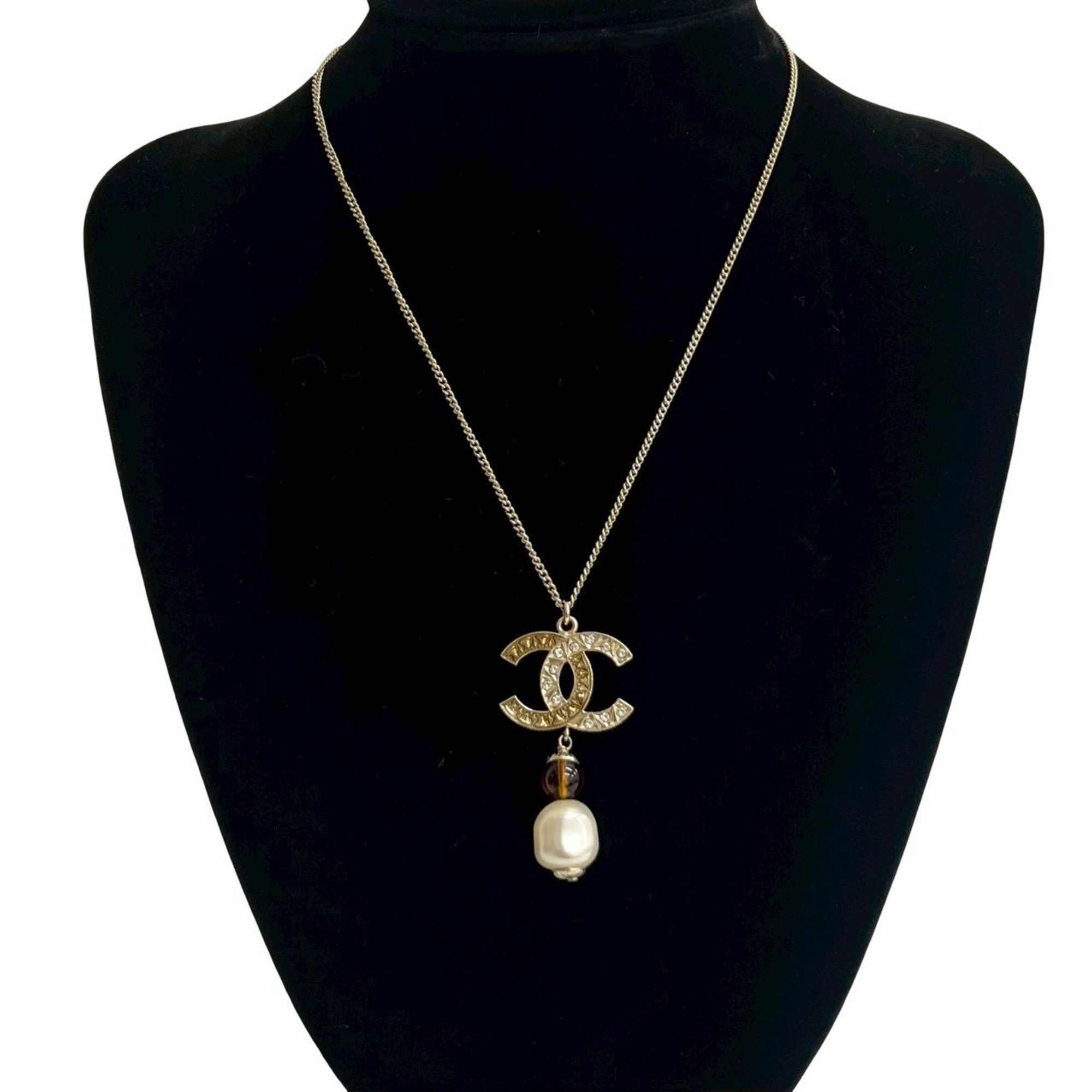 Chanel CHANEL Coco Mark Rhinestone and Faux Pearl Necklace Pendant, Gold, 85454 Size ONE SIZE - 1 Thumbnail
