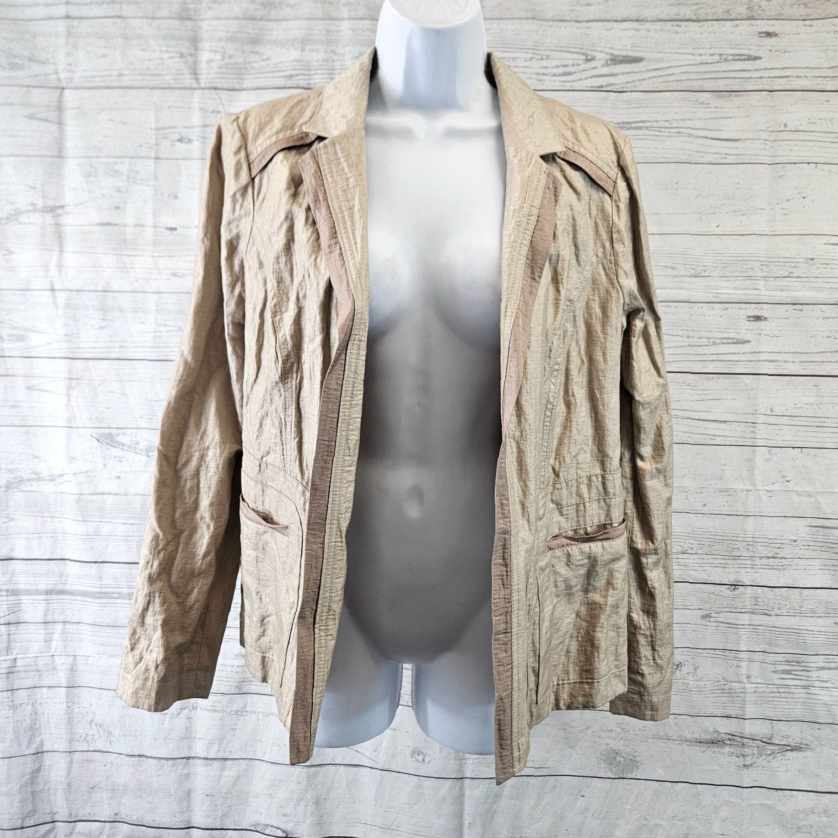 Vintage Chico's Blazer Shirt Women's Beige Open Front Cotton Blend Long Sleeve M Size M / US 6-8 / IT 42-44 - 2 Thumbnail