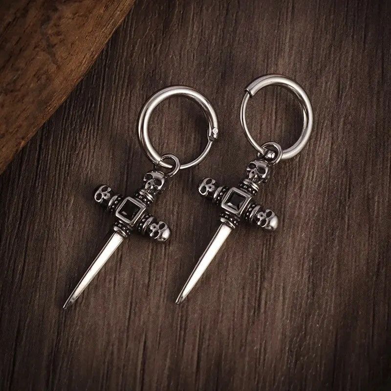 Jewelry Skull Head Sword Cross Dangle Earrings Size ONE SIZE - 2 Thumbnail