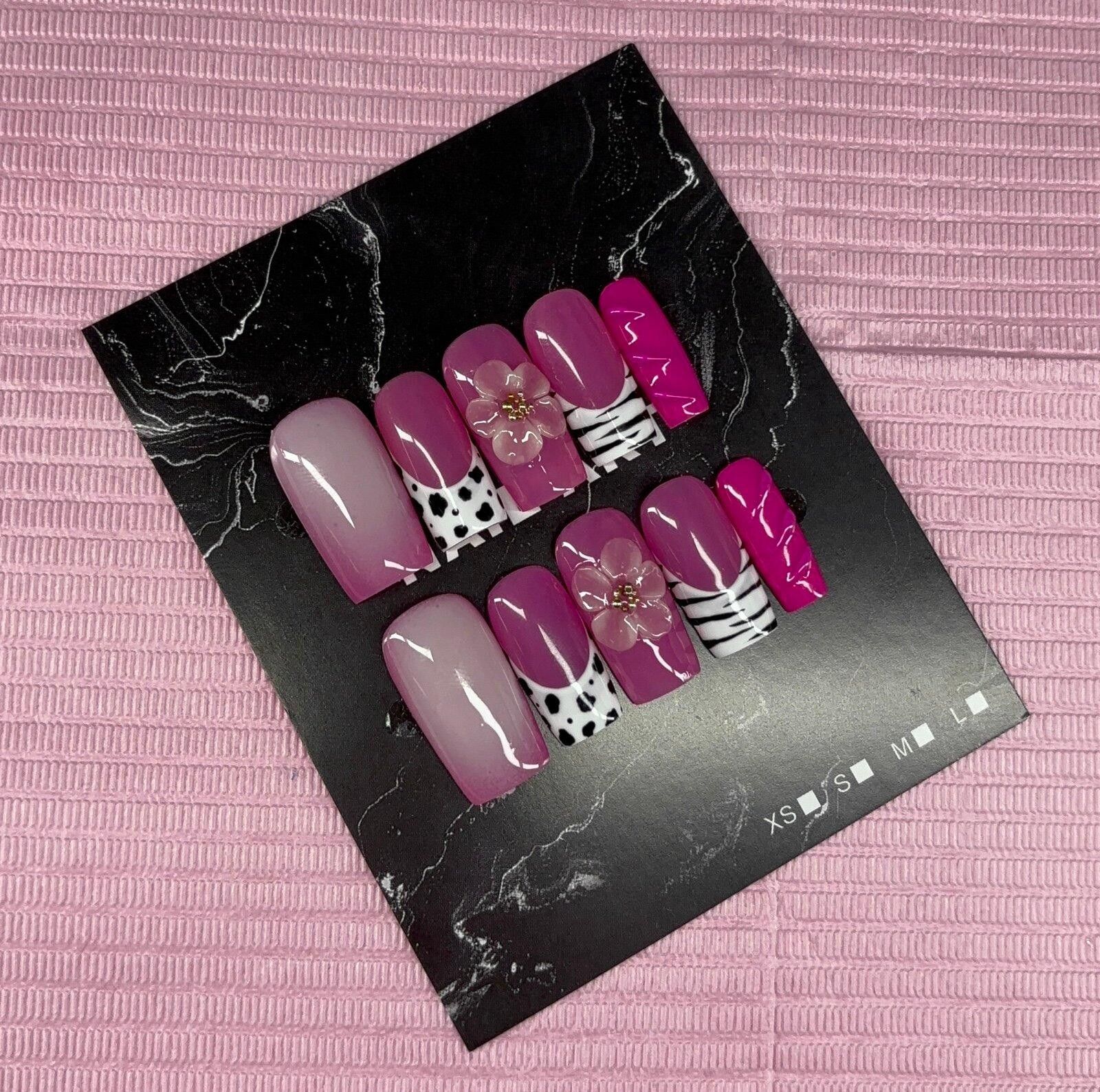 Handmade Medium square press on nails animal print 3d gel flower aura Size ONE SIZE - 4 Thumbnail