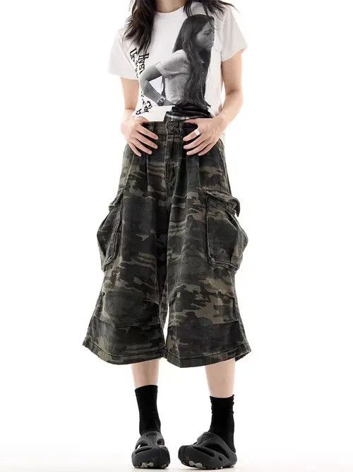 VIBE Vintage High Street Hip Hop Camo Denim Shorts Size US 32 / EU 48 - 6 Thumbnail