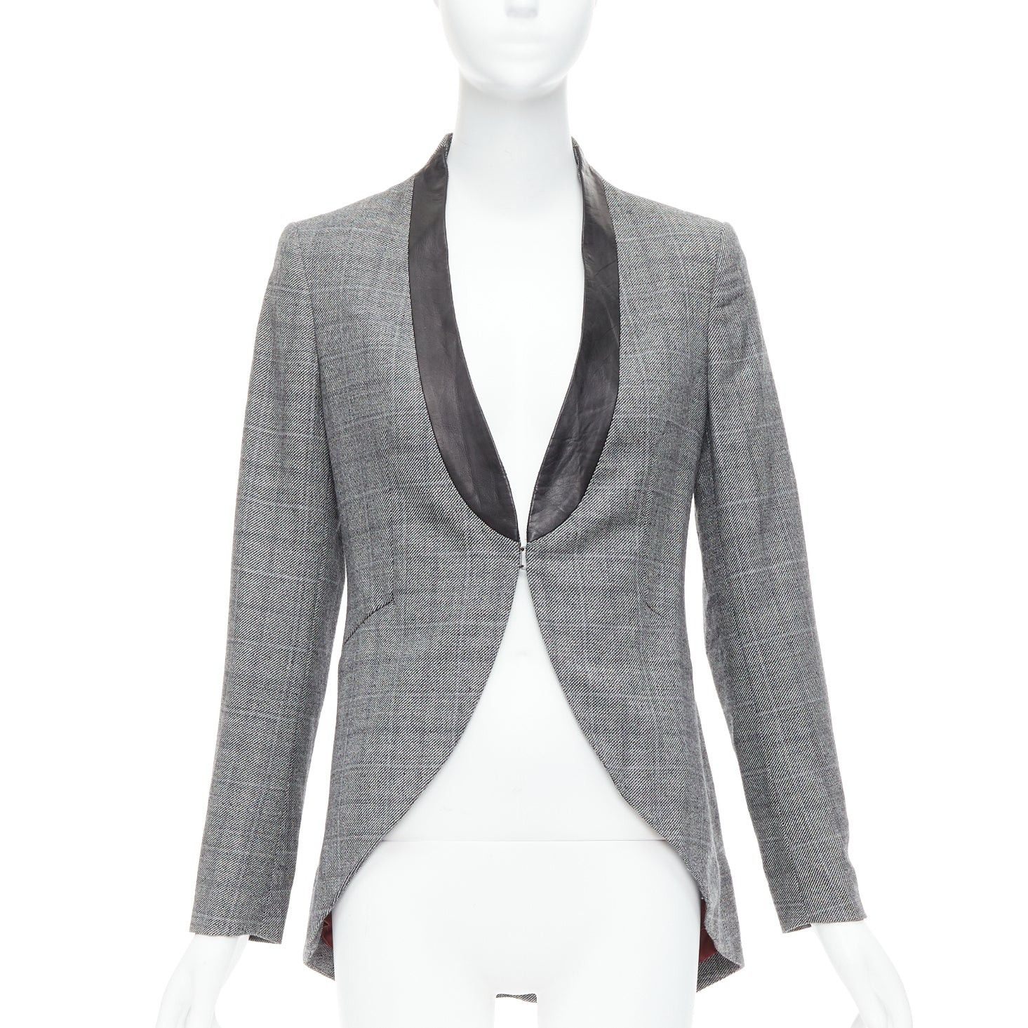 RAG & BONE grey checkered wool black leather collar tux blazer US2 S