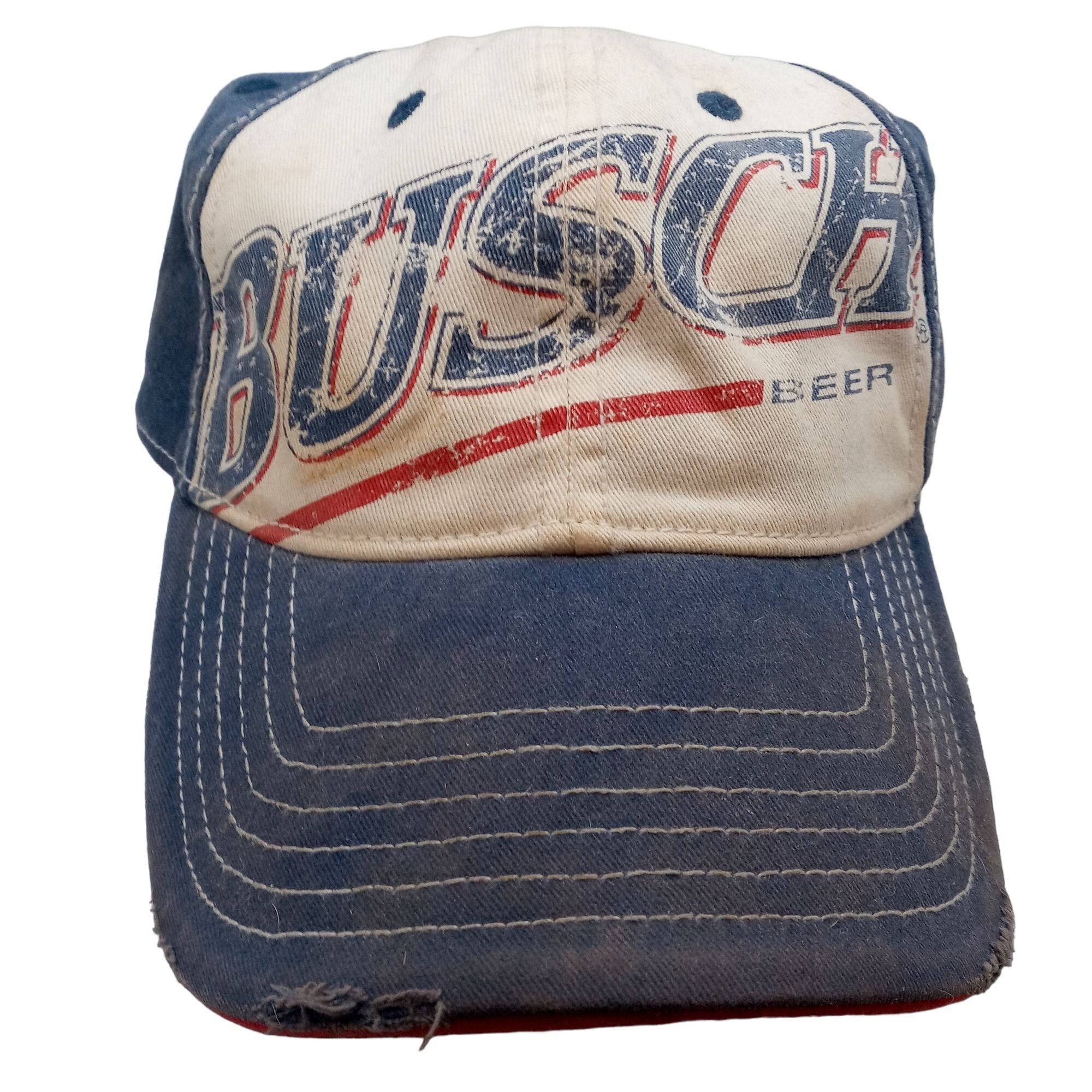 Vintage Busch Beer Hat Cap Adjustable Distressed Anheuser Red White