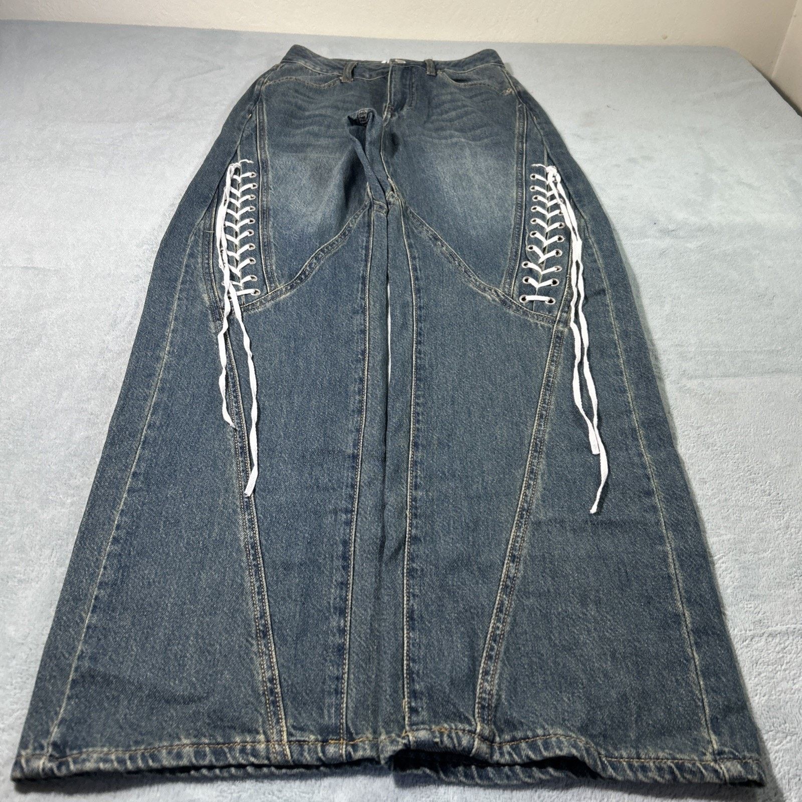 Forever 21 Tie Strap Beyond Baggy Jeans Ws 24 25x30 Wide Loose Grunge Size 25" / US 0 / IT 36 - 2 Thumbnail