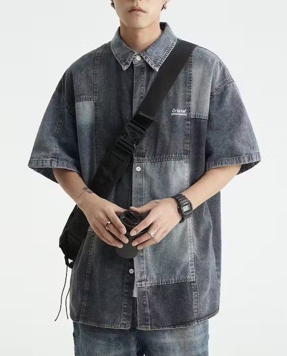 Japanese Brand × Vintage Retro y2k patchwork denim short sleeve shirt Size US XL / EU 56 / 4 - 1 Thumbnail