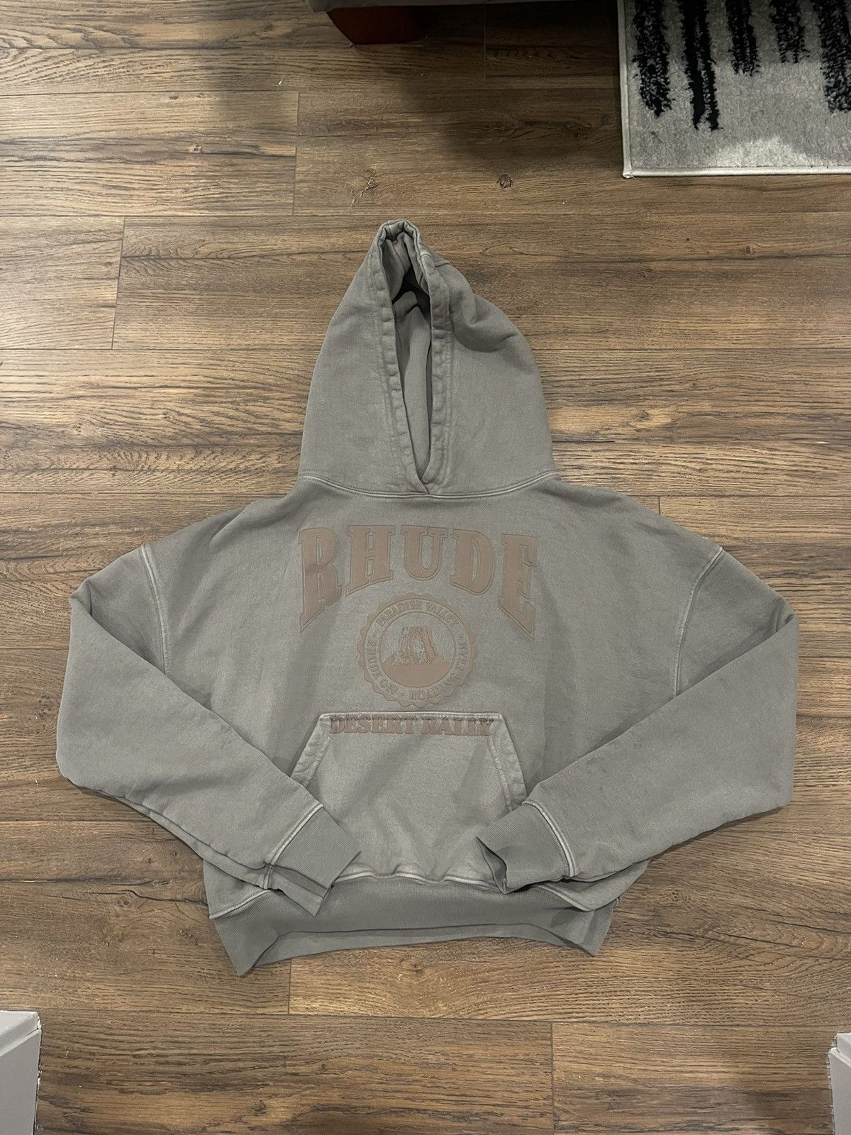 Image of Rhude “Desert Ralley” Cropped Hoodie in Grey, Men's (Size Small)