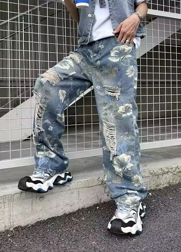 Jean Streetwear Flowers Print Ripped Baggy Jean Size US 29 - 3 Thumbnail