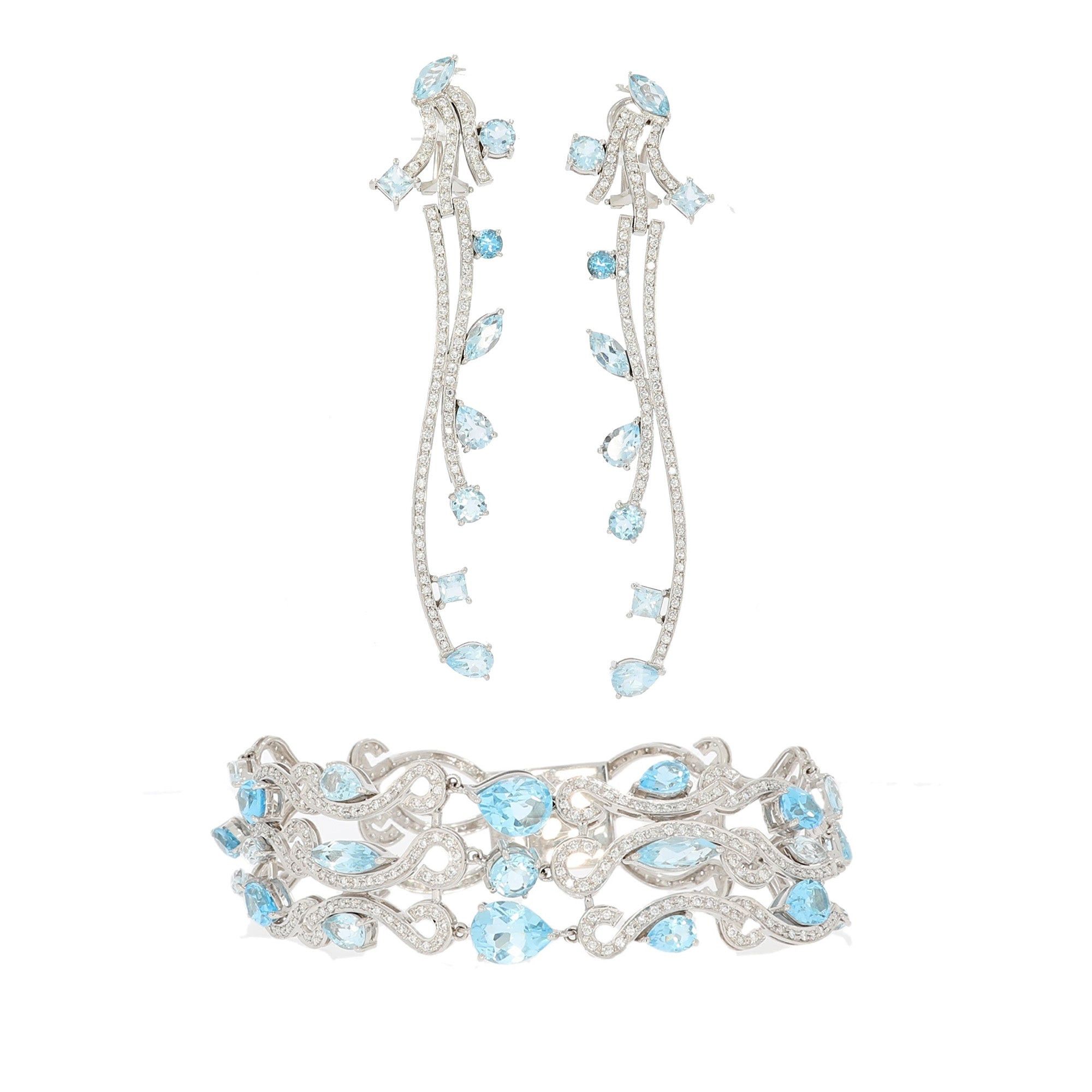 image of Vintage Earrings And Bracelet Parure In 750 White Gold Paved Set Brilliant-Cut Diamonds As Well As 