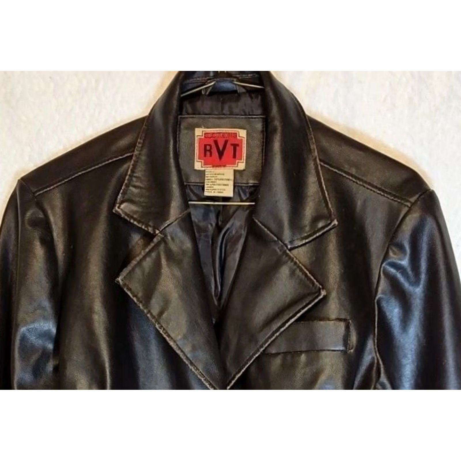 Vintage RVT Black Faux Leather Jacket Blazer Women Large Cropped Mid-Length Polyester Lining Solid Vegan Leather Basic Jacket Size L / US 10 / IT 46 - 2 Thumbnail