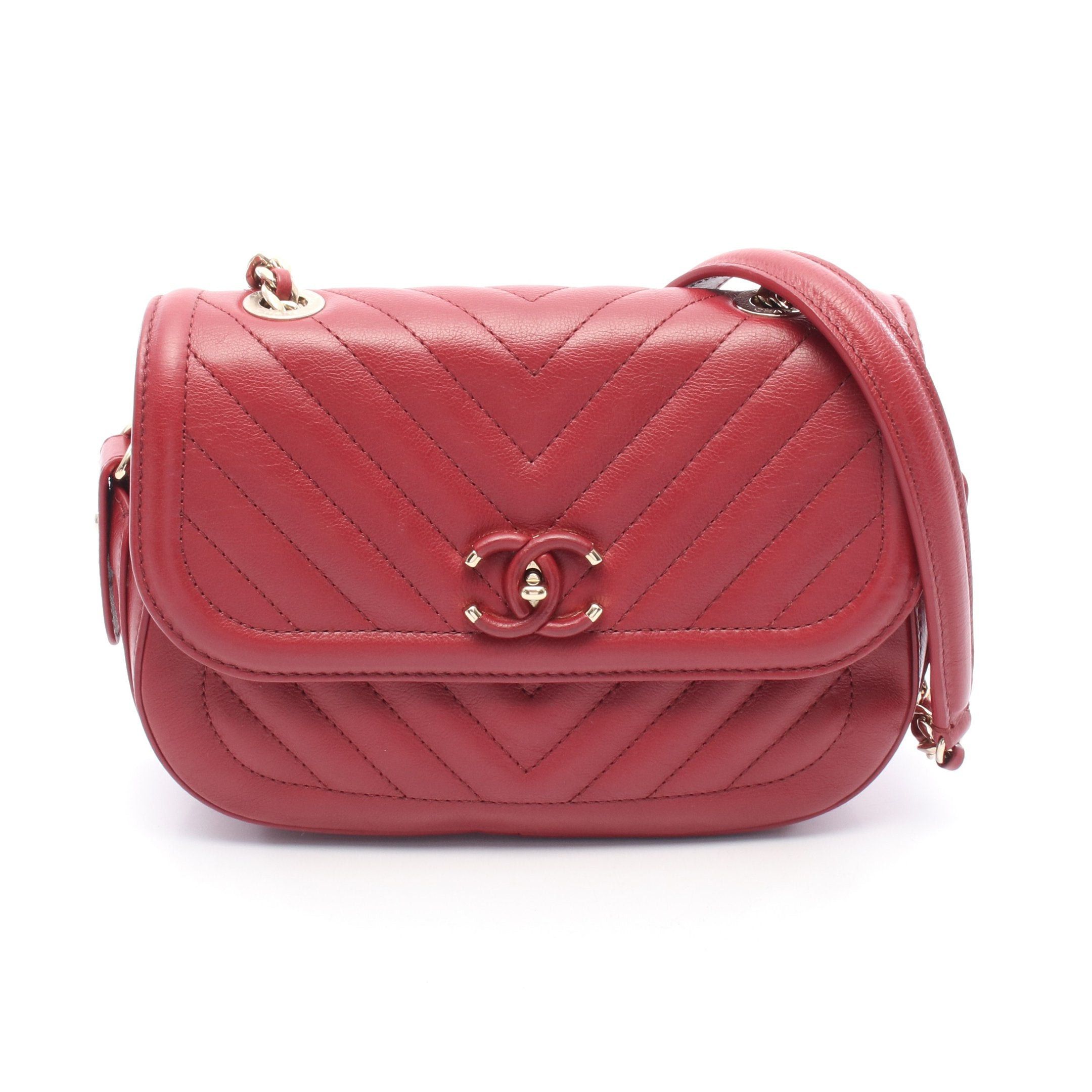Chanel Chevron V-Stitch Chain Shoulder Bag Leather Red Gold Hardware, Women's