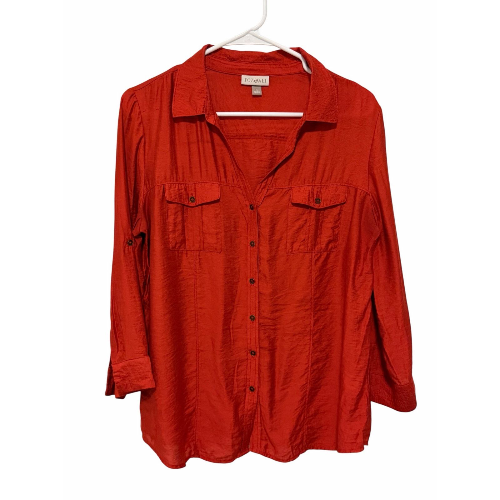 Other Roz & Ali Coral Long Sleeve Button Up Pocket Collared Blouse Size M / US 6-8 / IT 42-44 - 1 Thumbnail