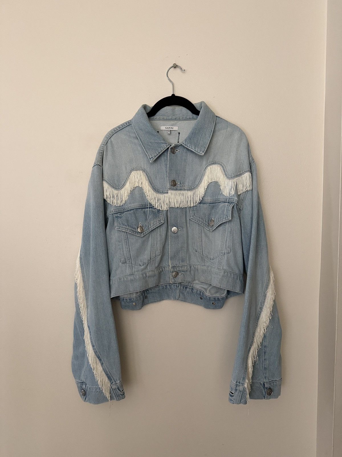Ganni Ganni Light Blue Denim Jacket with White Fringe Size S / US 4 / IT 40 - 1 Thumbnail