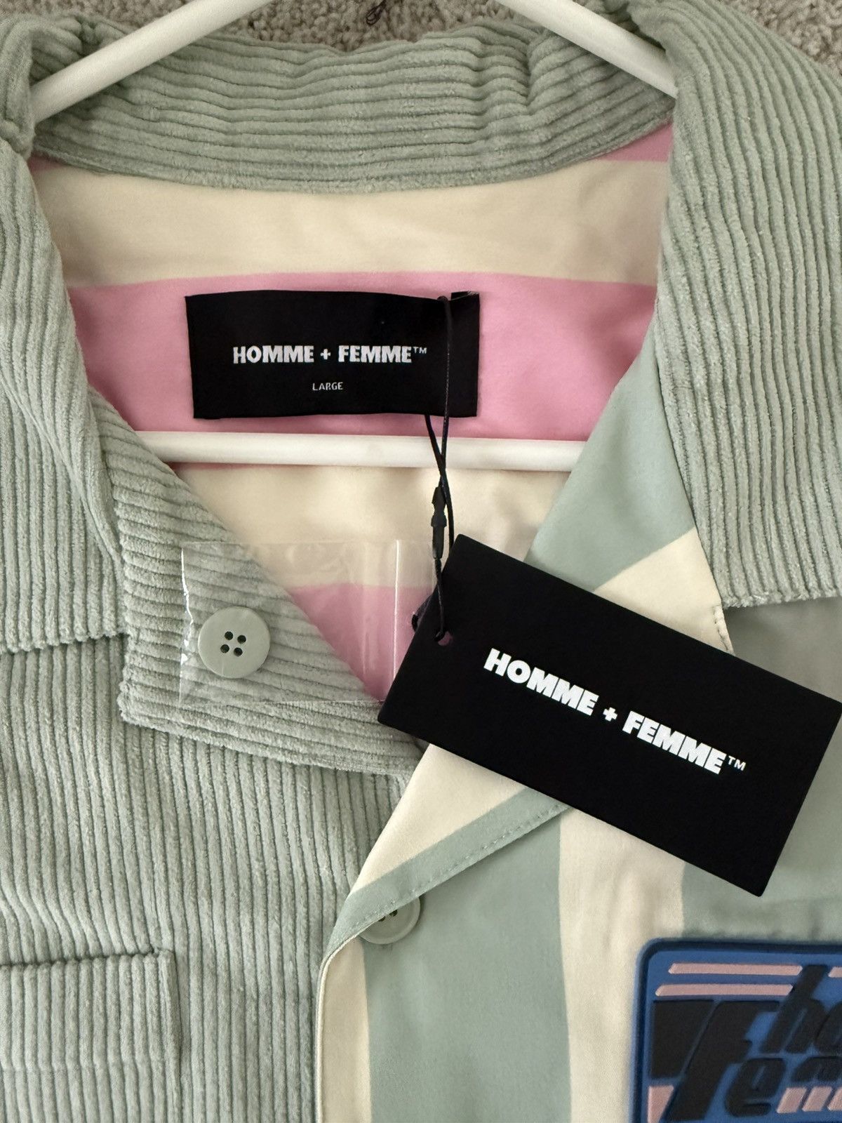Homme + Femme La HOMME FEMME CORDUROY & POPLIN BOWLING SHIRT IN GREEN,PINK- L Size US XL / EU 56 / 4 - 3 Thumbnail