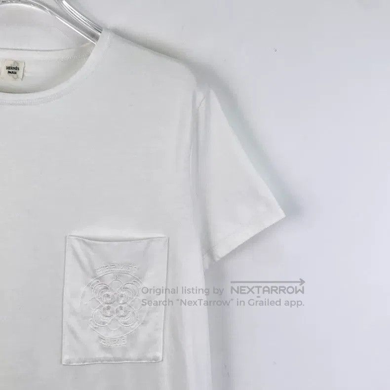 Hermes Hermes White Pocket Embroidered Cotton Round Neck Short Sl Size XS / US 0-2 / IT 36-38 - 3 Thumbnail