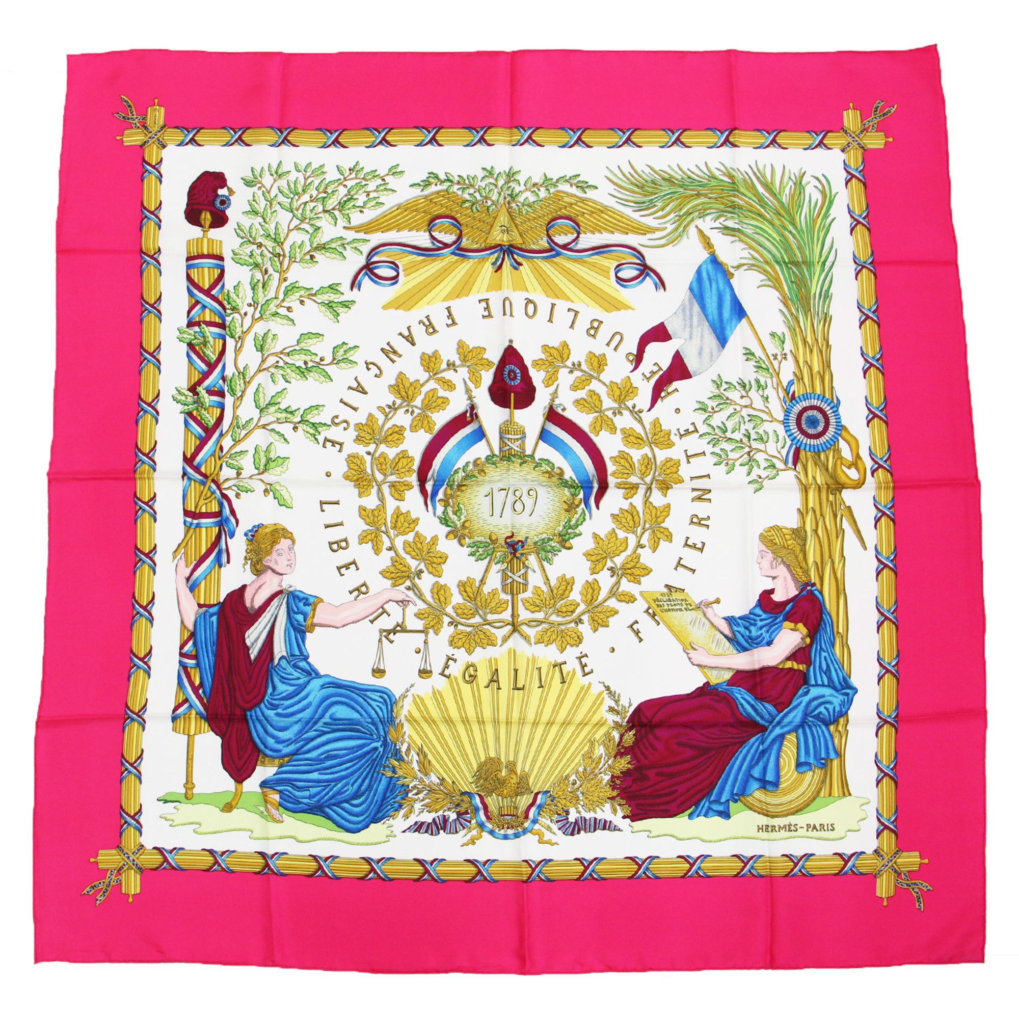 image of Hermes Muffler/scarf Large Pink White Square Print Silk Carre90 Liberte Egalite Fraternite Republiq