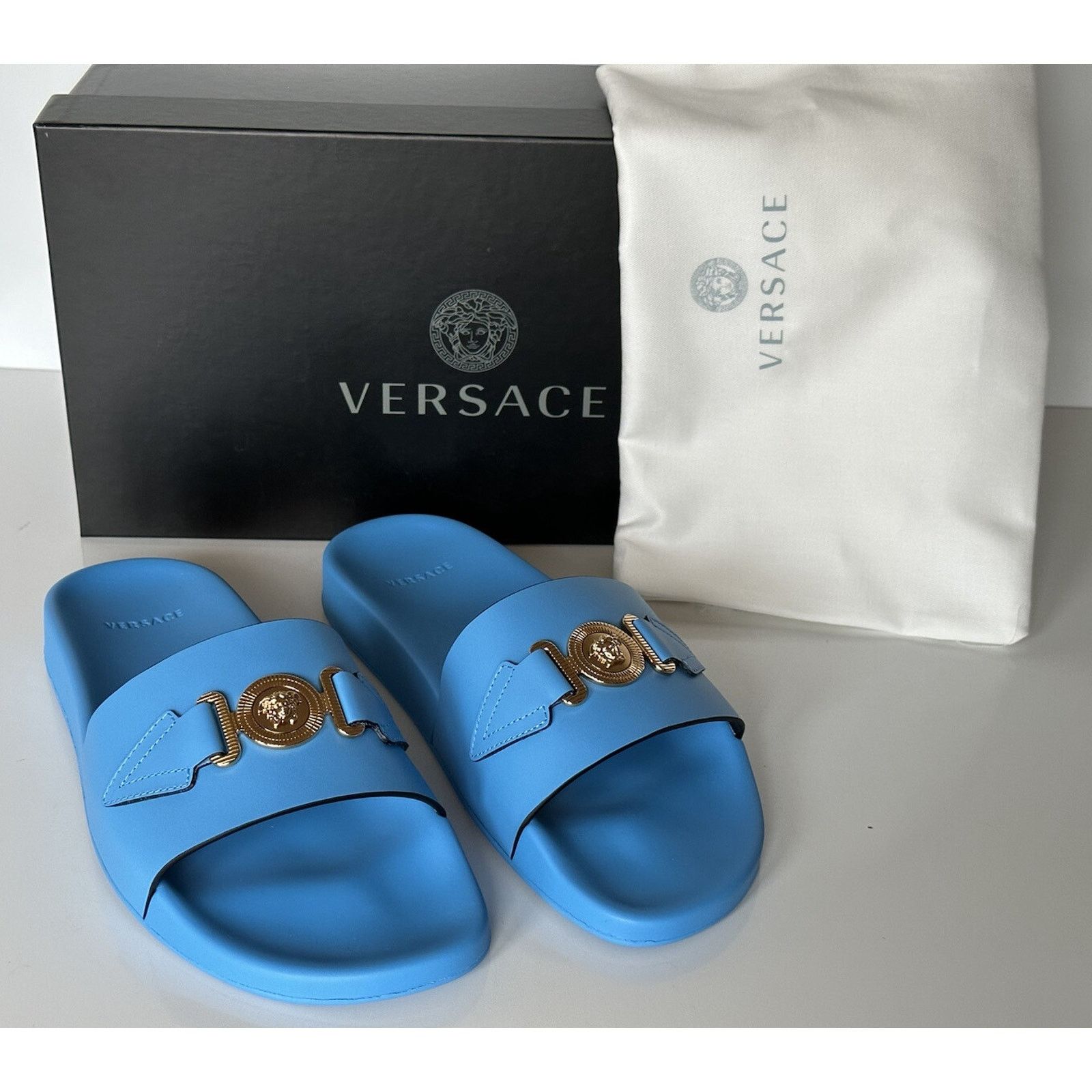 Versace Versace Gold Medusa Leather/Rubber Sandals Blue 9.5 1004983 Size US 9.5 / EU 42-43 - 1 Thumbnail