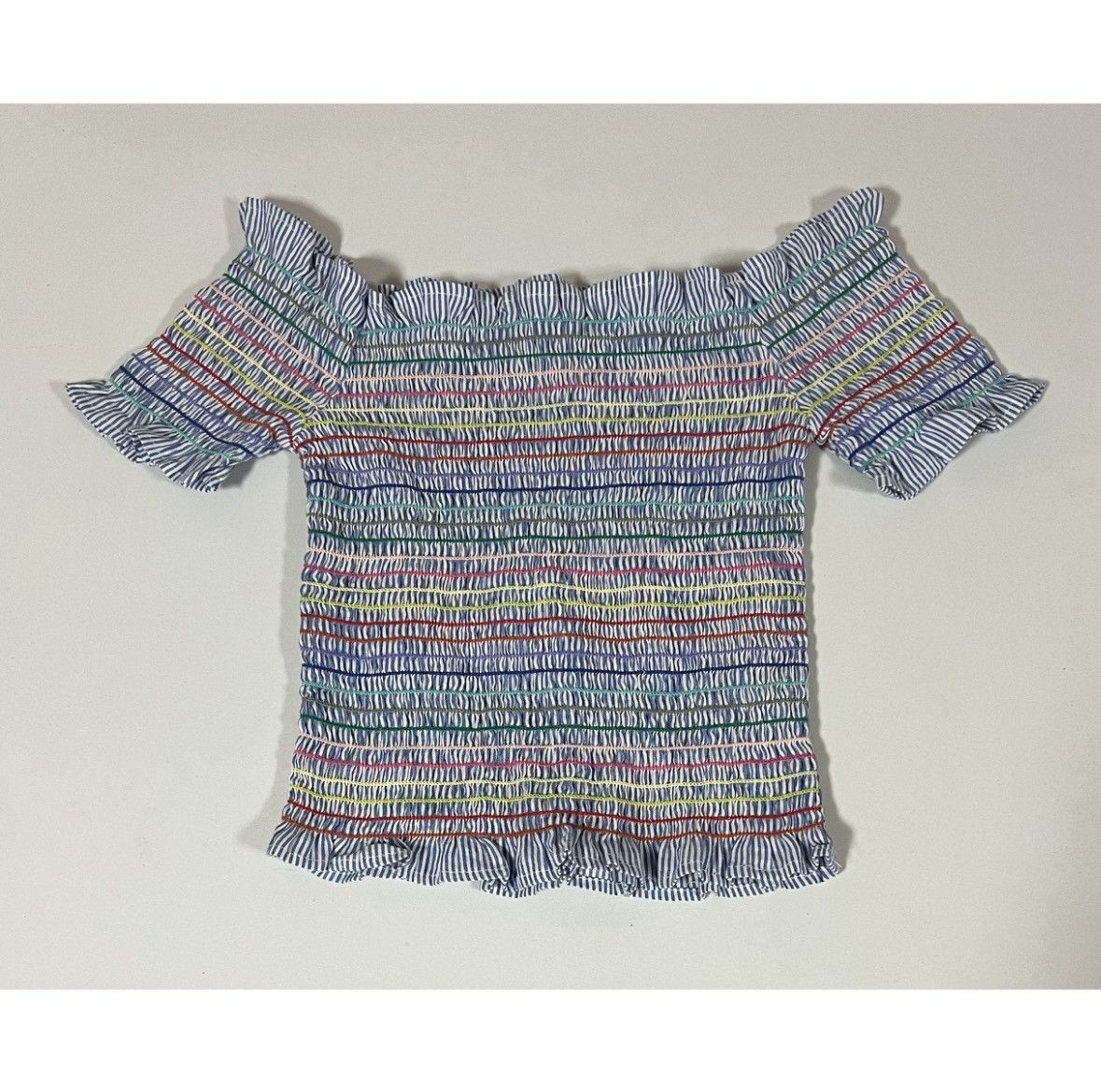 Pool House New York Blue Rainbow Striped Off-The-Shoulder Shirt Top Size S 🌈✨ Size S / US 4 / IT 40 - 2 Thumbnail
