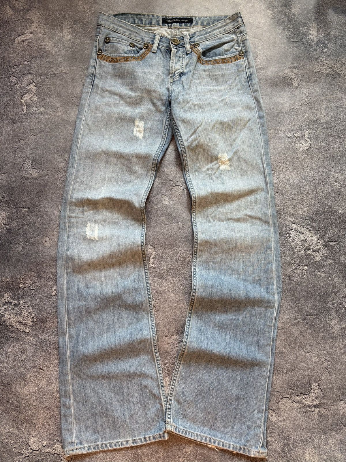 Versace Jeans Couture Vtg Versace Y2K Medusa Logo Distressed Bootcut Flared Jeans Size 29" - 8 Thumbnail