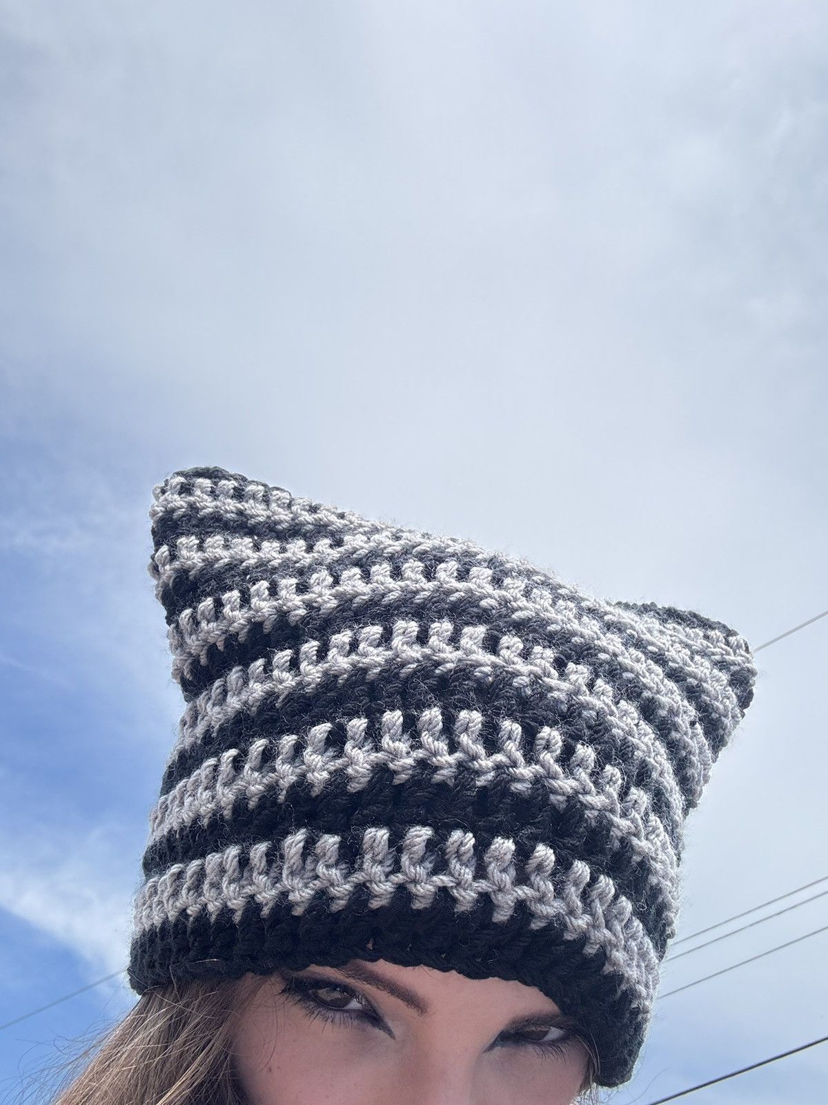 Handmade Crochet Cat Beanie - Black & Gray Size ONE SIZE - 7 Thumbnail