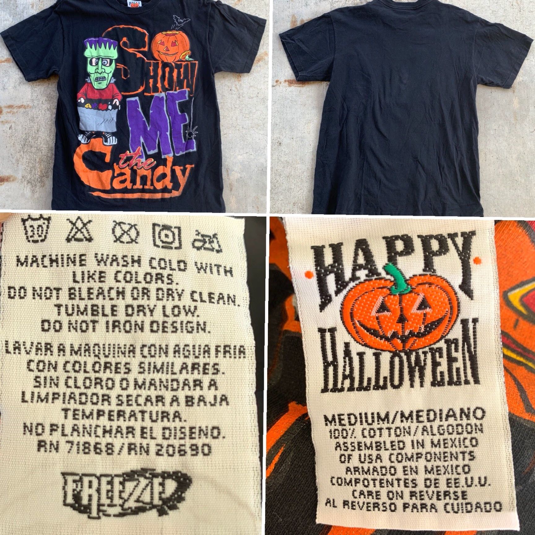 Vintage VINTAGE Happy Halloween Frankenstein T-Shirt Shirt M Black Graphic Print Mens Halloween 90s (Show Me The Candy) Size US M / EU 48-50 / 2 - 5 Thumbnail