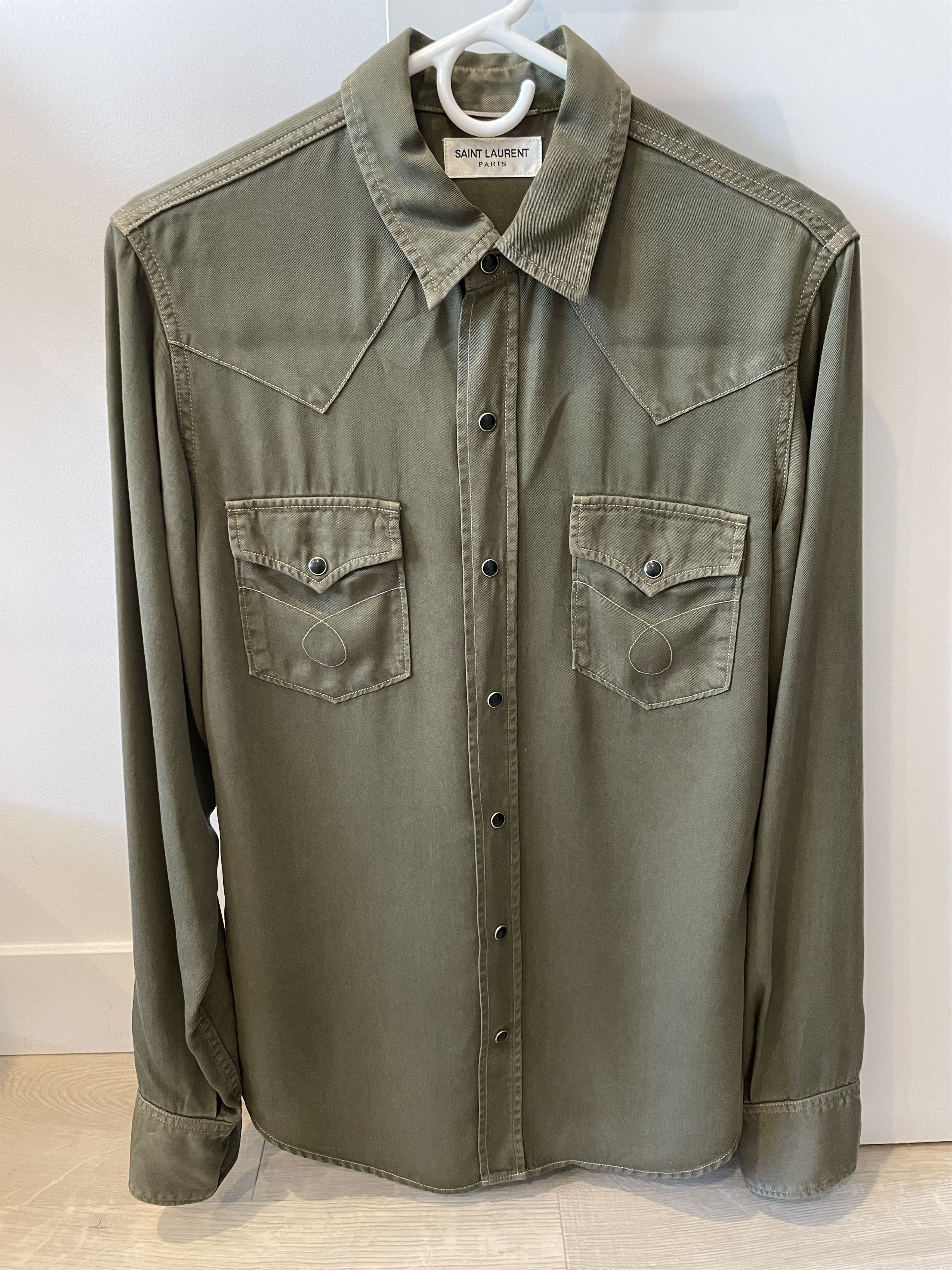 image of Saint Laurent Paris Western Shirt in Army Green, Men's (Size Small)