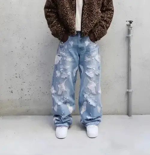 Designer × Japanese Brand × Jean Vintage Ripped Straight Baggy Jeans Size US 29 - 1 Thumbnail