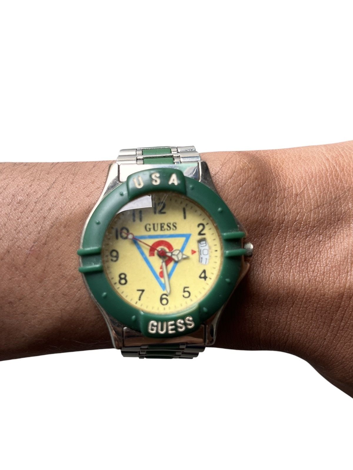 Georges Marciano Vintage 90s Guess USA Triangle Logo Watch Green Bezel Size ONE SIZE - 1 Thumbnail