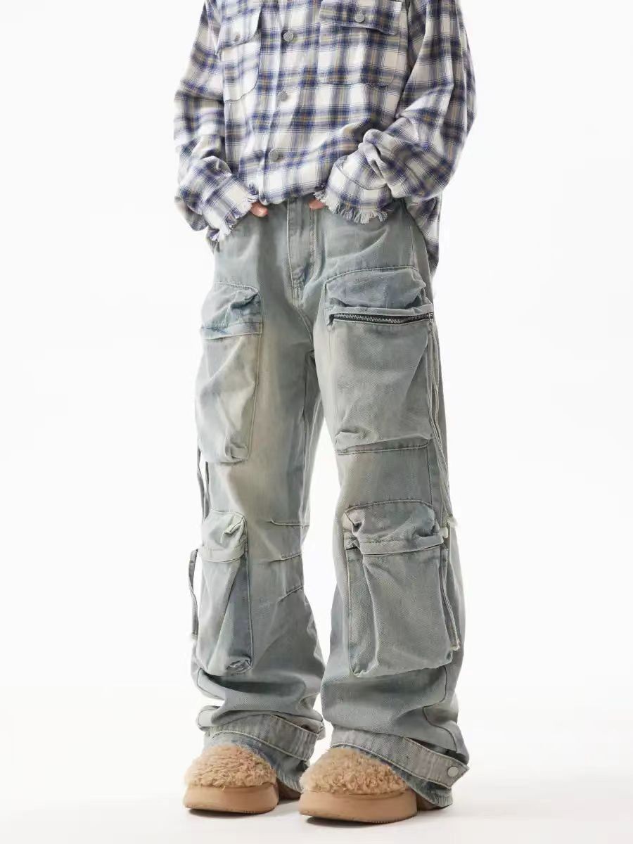Vintage street multi-pocket hip-hop washed work jeans