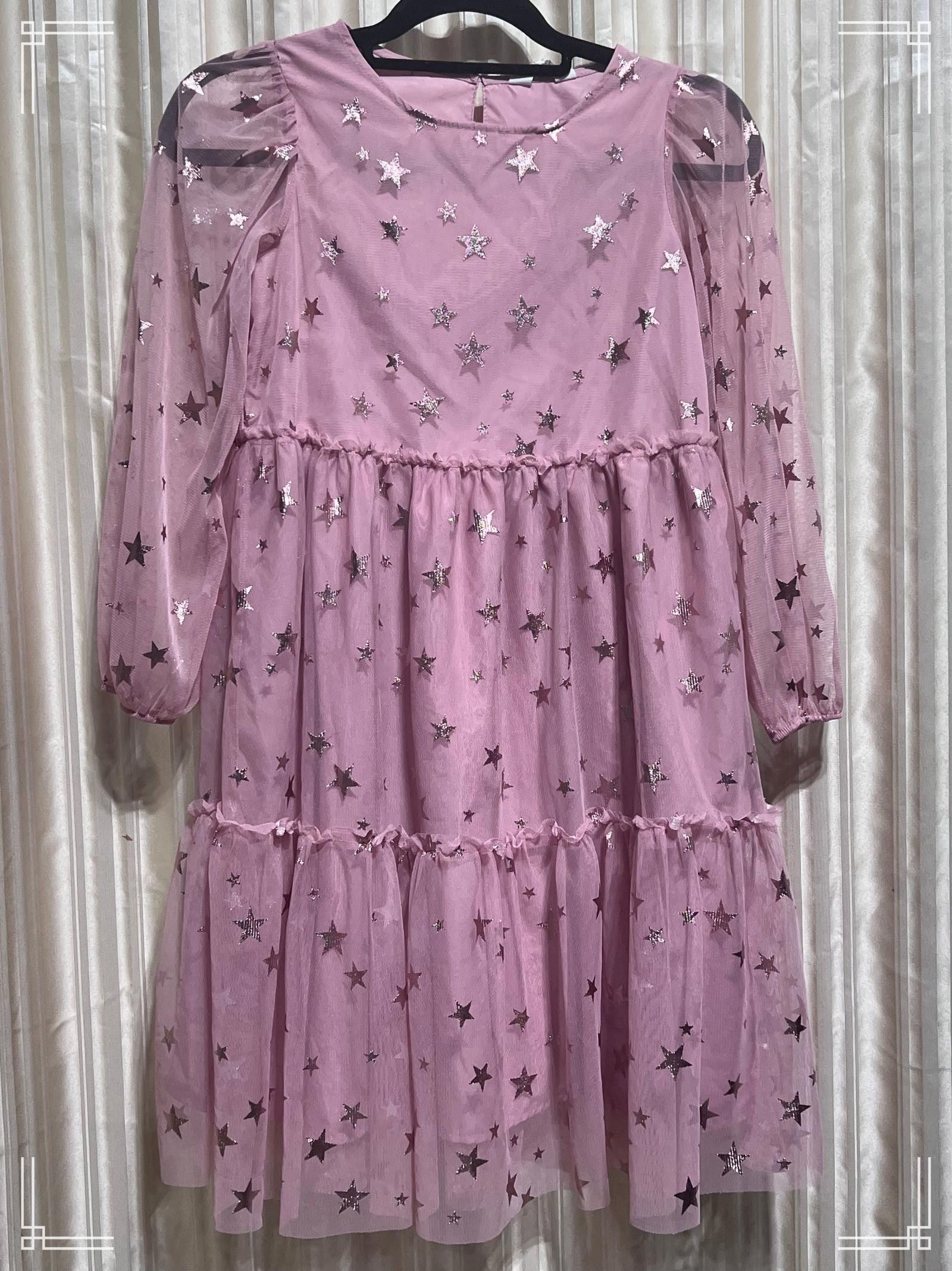 Designer H&M Girls Pink Mesh Star Print Dress with Puffy Sleeves Size XXS / US 00 / IT 34 - 1 Thumbnail