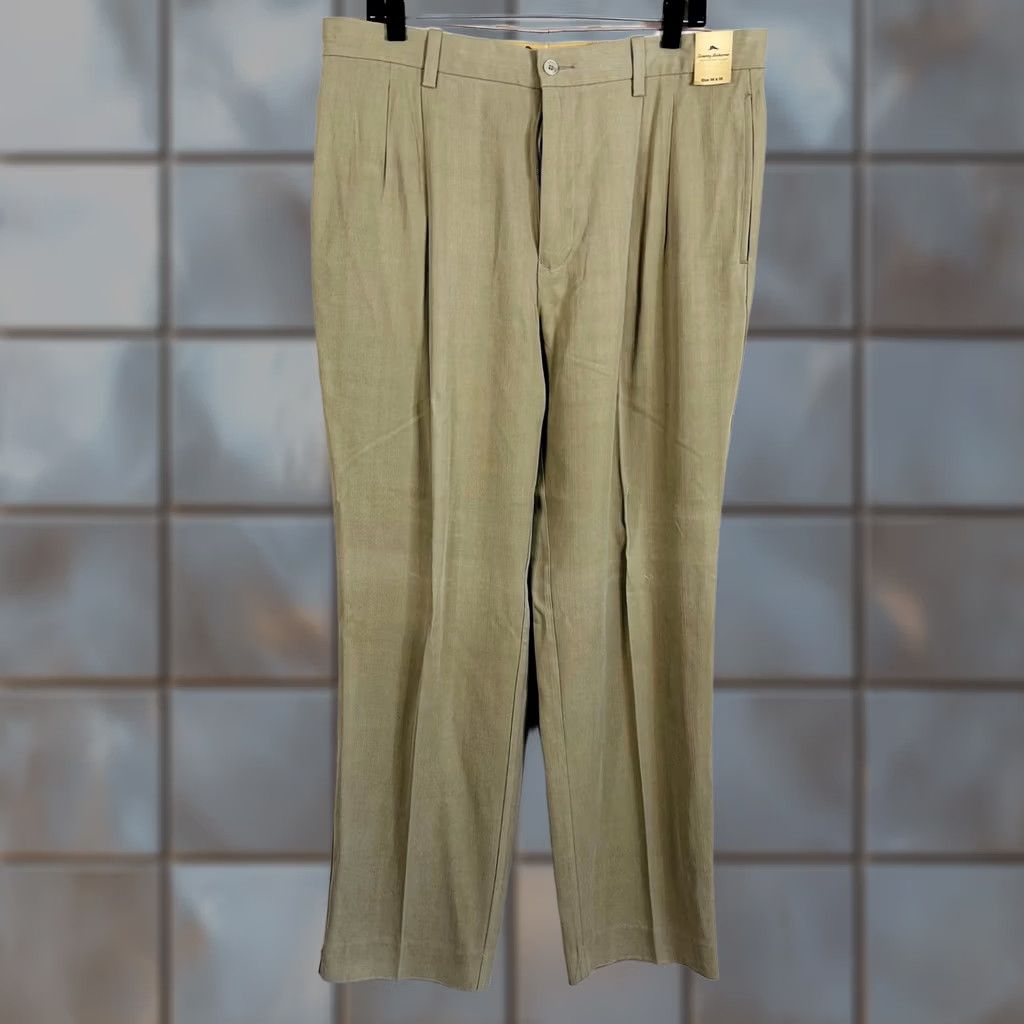 Tommy Bahama Tommy Bahama Grayston Silk Bamboo Blend Beige Pleated Pants 36x32 Mini Herringbone Size ONE SIZE - 1 Thumbnail