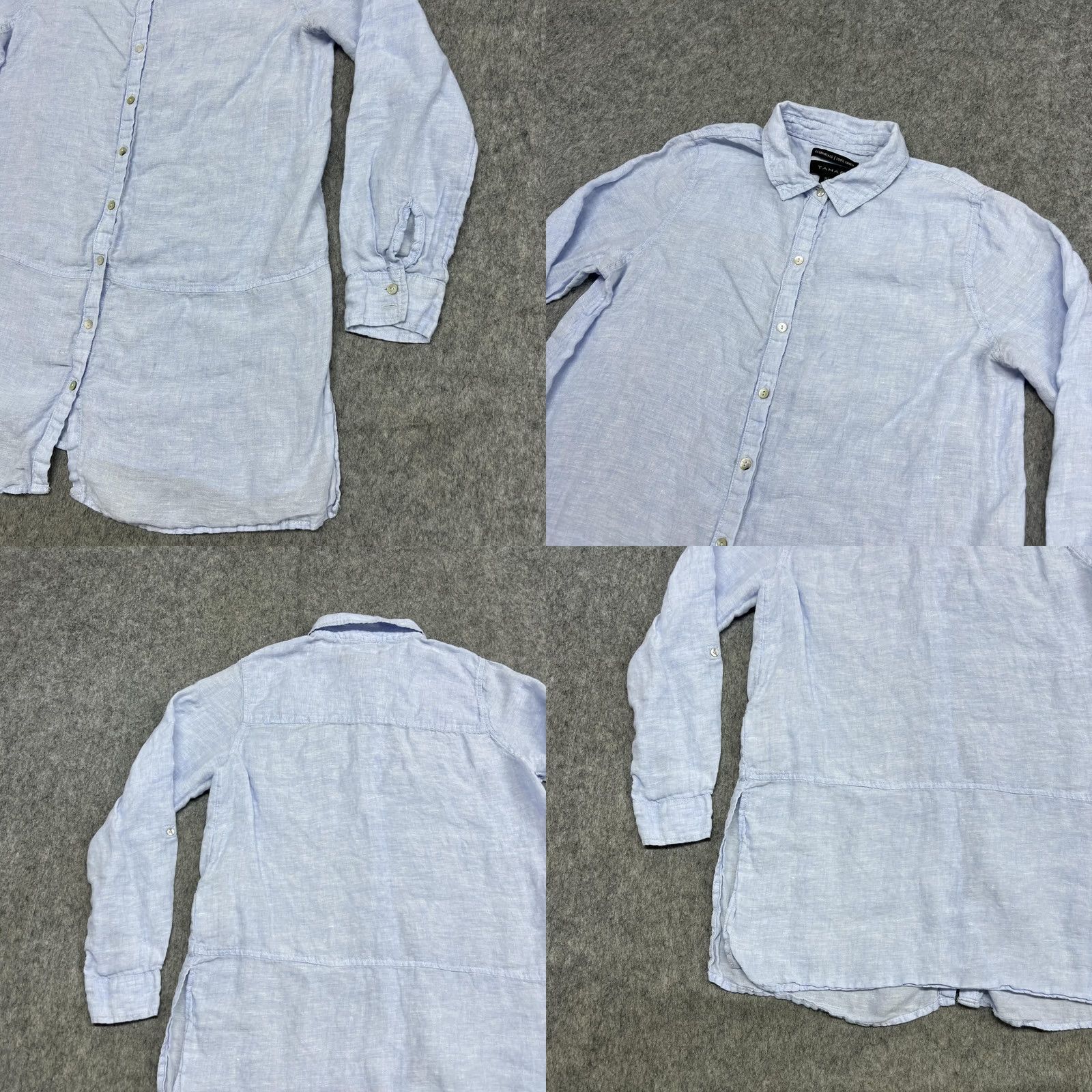 Vintage Tahari Womens L Blue Linen Button Front Tunic Shirt Roll Tab Sleeve Size L / US 10 / IT 46 - 9 Thumbnail