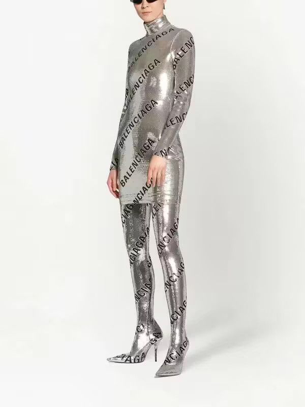 Balenciaga o1mt1gz1124 Allover Logo Embroidered Dress in Silver Size XS / US 0-2 / IT 36-38 - 3 Thumbnail