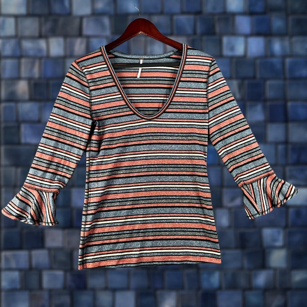 Free People Free People Top Womens L Orange Blue Knit Bell Sleeve 3/4 Striped Metallic Bohemian Modern Shirt Womens Size L / US 10 / IT 46 - 1 Thumbnail