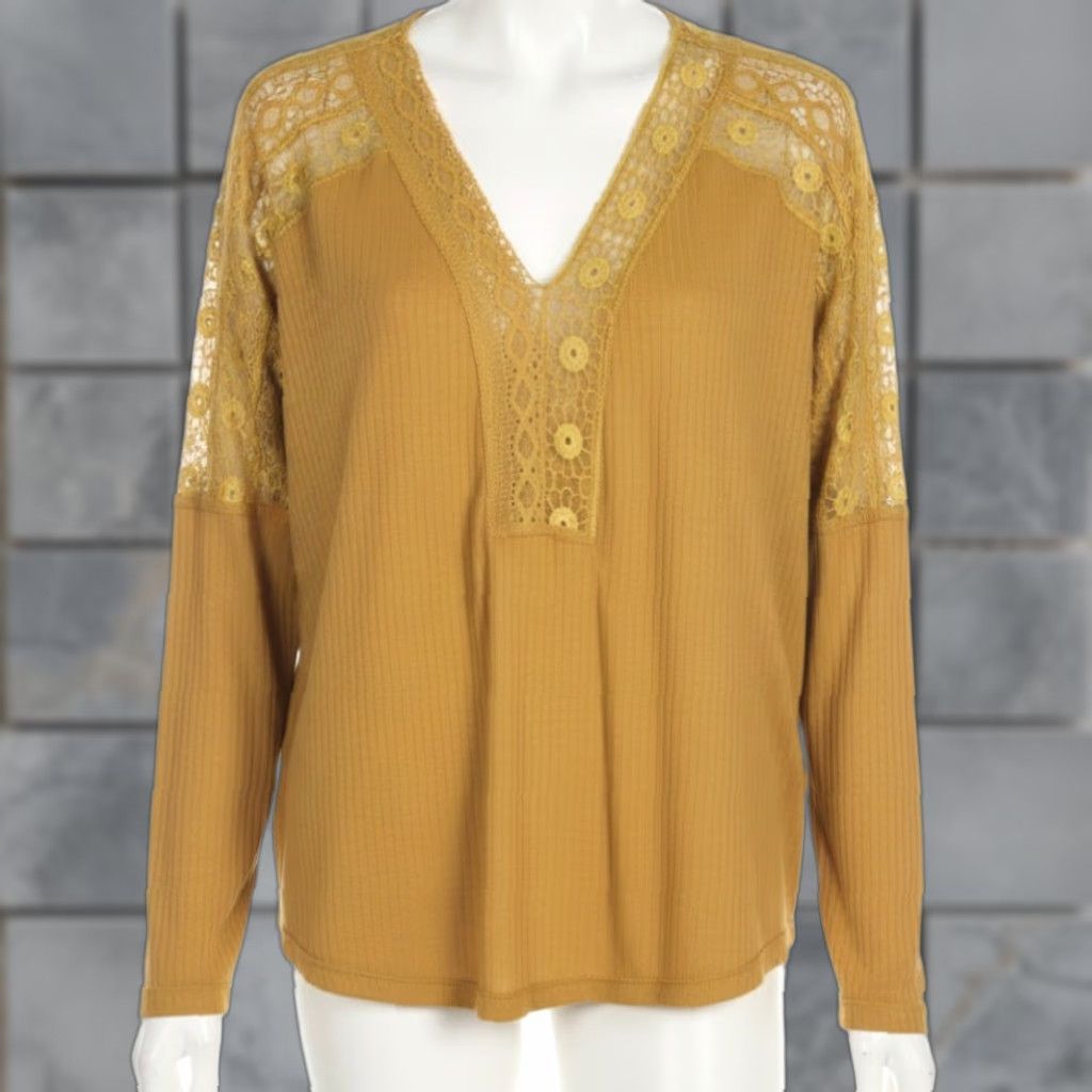 Free People Free People Top Shirt S Mustard Brown V-Neck Long Sleeve Lace Trim Boho Shirt Womens long sleeve casual pullOver lightweight B Size S / US 4 / IT 40 - 1 Thumbnail
