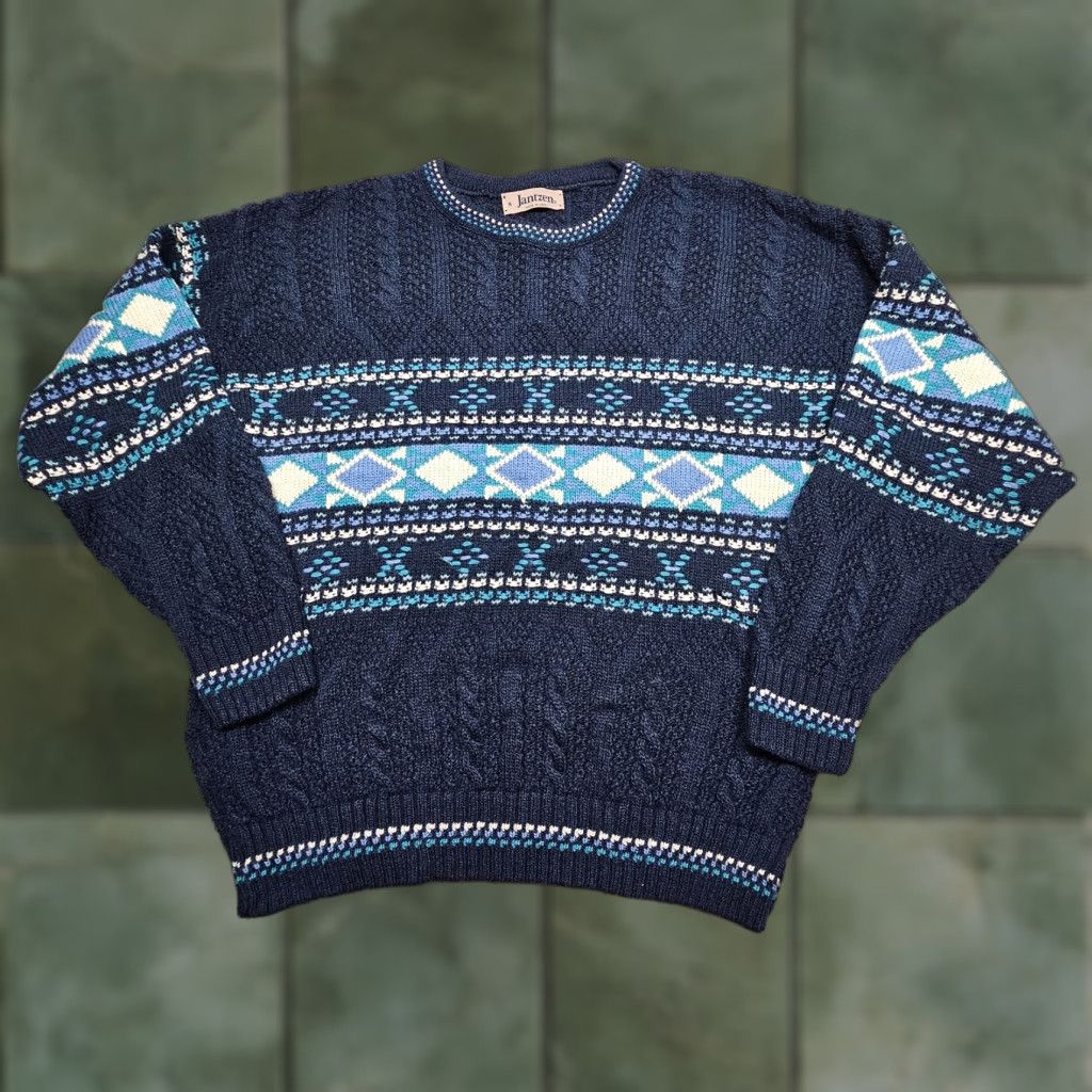 Vintage Jantzen Sweater Mens XL Blue Fair Isle Geometric Knit Made USA 80s