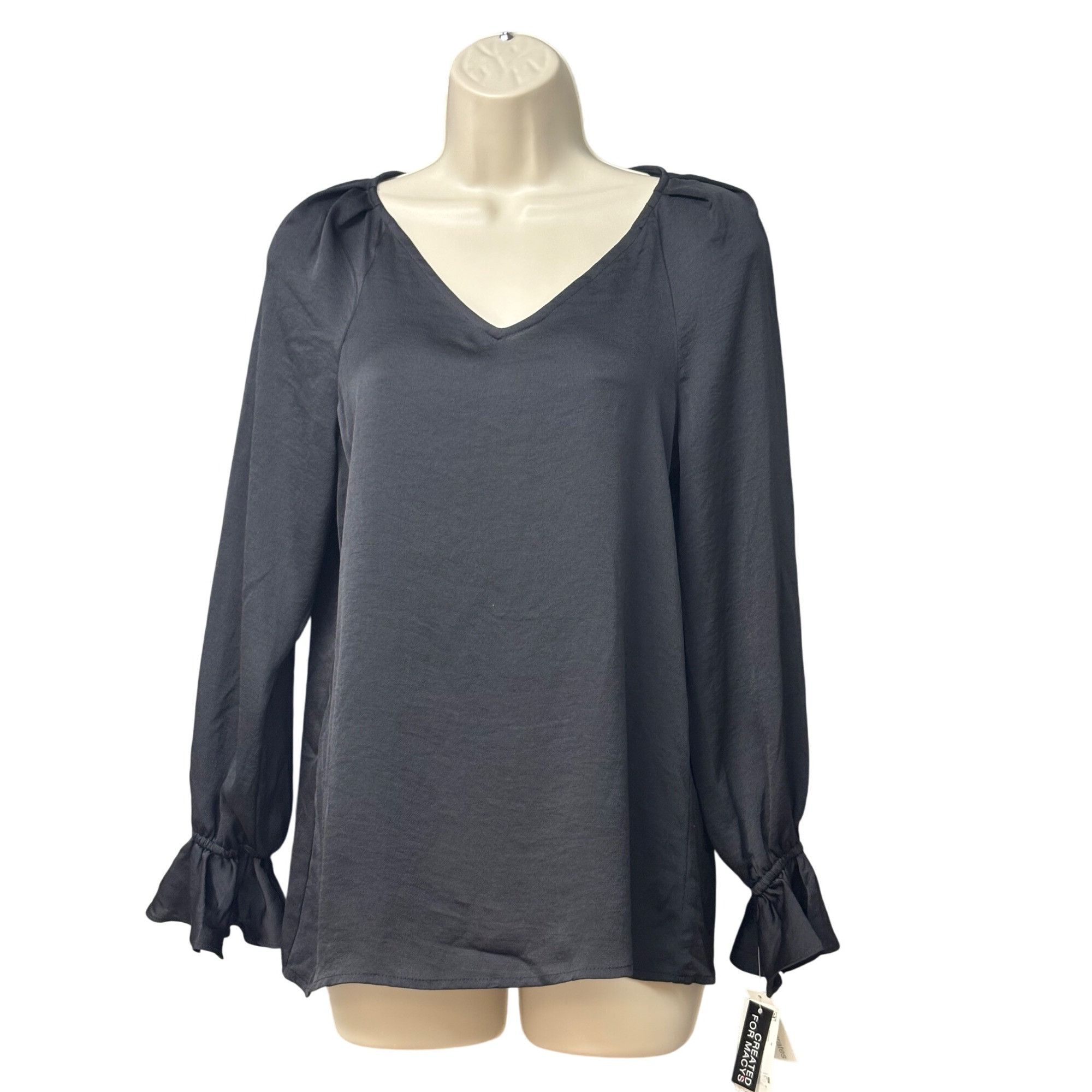 Bar III Bar III Ruffled-Cuff Woven V-neck Top, Black, Sz. XS Size XS / US 0-2 / IT 36-38 - 2 Thumbnail