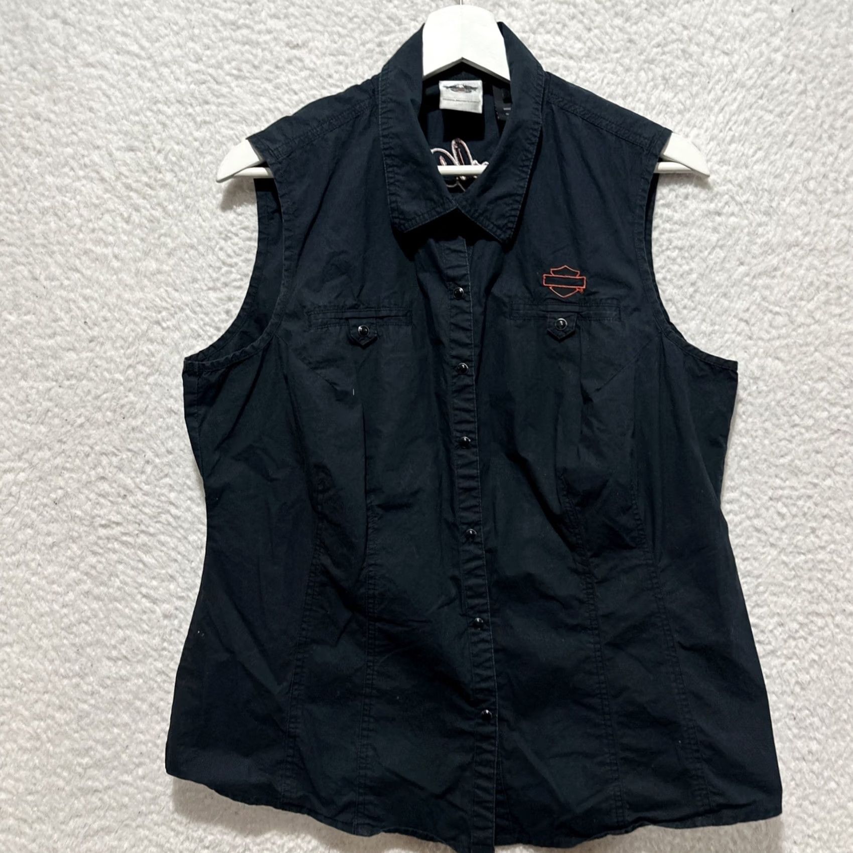 Harley Davidson Harley Davidson Womens XL Black Sleeveless Snap Button Down Fitted Tank Shirt Size XL / US 12-14 / IT 48-50 - 2 Thumbnail
