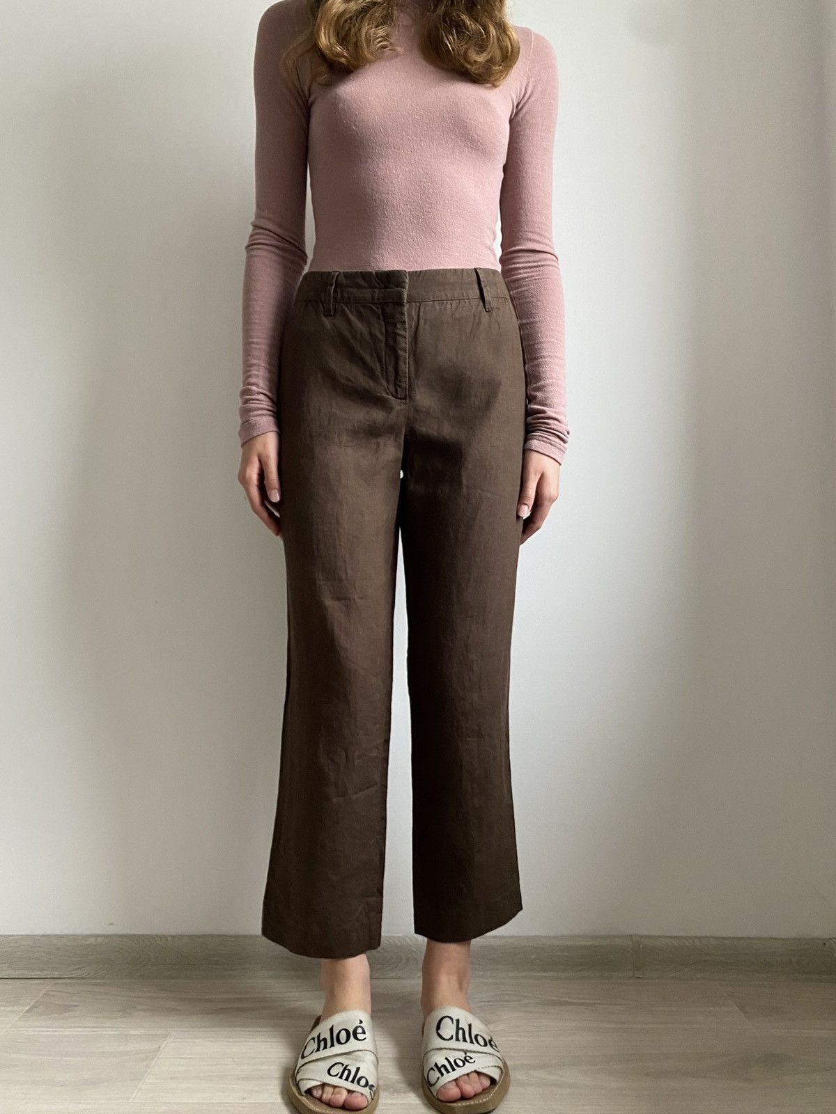 Prada PRADA WOMEN CROPPED PANTS BROWN LINEN FLAT FRONT IT 46 XL Size 32" / US 10 / IT 46 - 4 Thumbnail