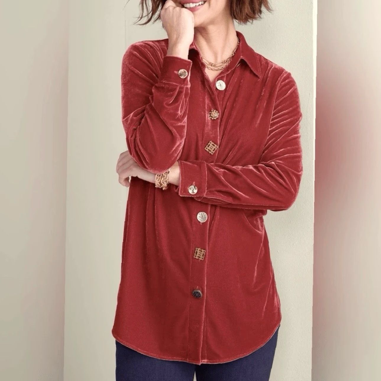 Soft Surroundings **Soft Surroundings Filigree Velvet Boyfriend Red Button Front Shirt 1X** User: Soft Surroundings Filigree Velvet Boyfriend Red Button Front Shirt 1X Size XL / US 12-14 / IT 48-50 - 2 Thumbnail