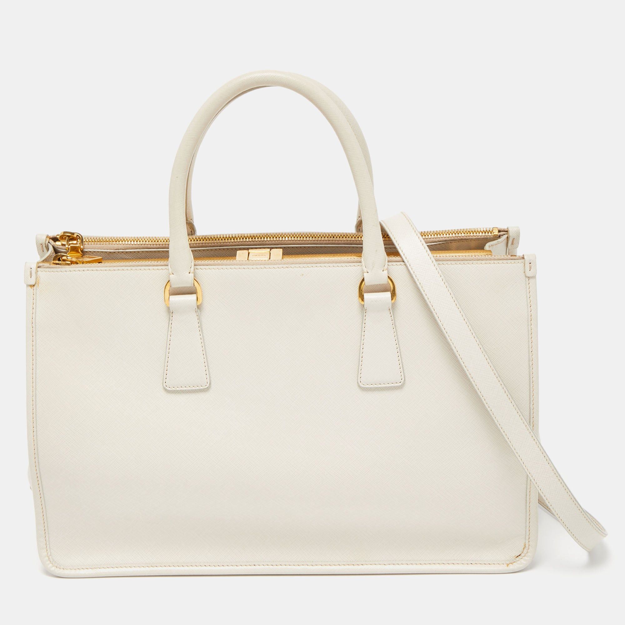 image of Prada White Saffiano Lux Leather Frame Tote, Women's
