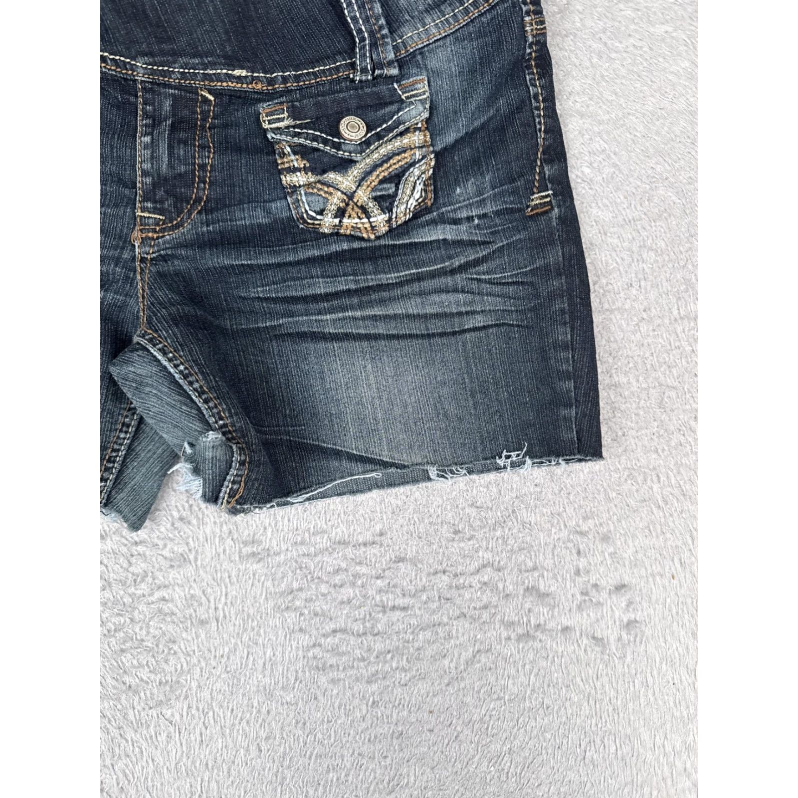 Denime HYDRAULIC Denim Shorts Cut-Off 32x5 Juniors 13/14 Blue Embroidered 5-Pocket Raw Hem Zip Front Waist Logo, Casual, Spring Summer, Women, Junior Size 14 Size 36" / US 14 / IT 50 - 2 Thumbnail